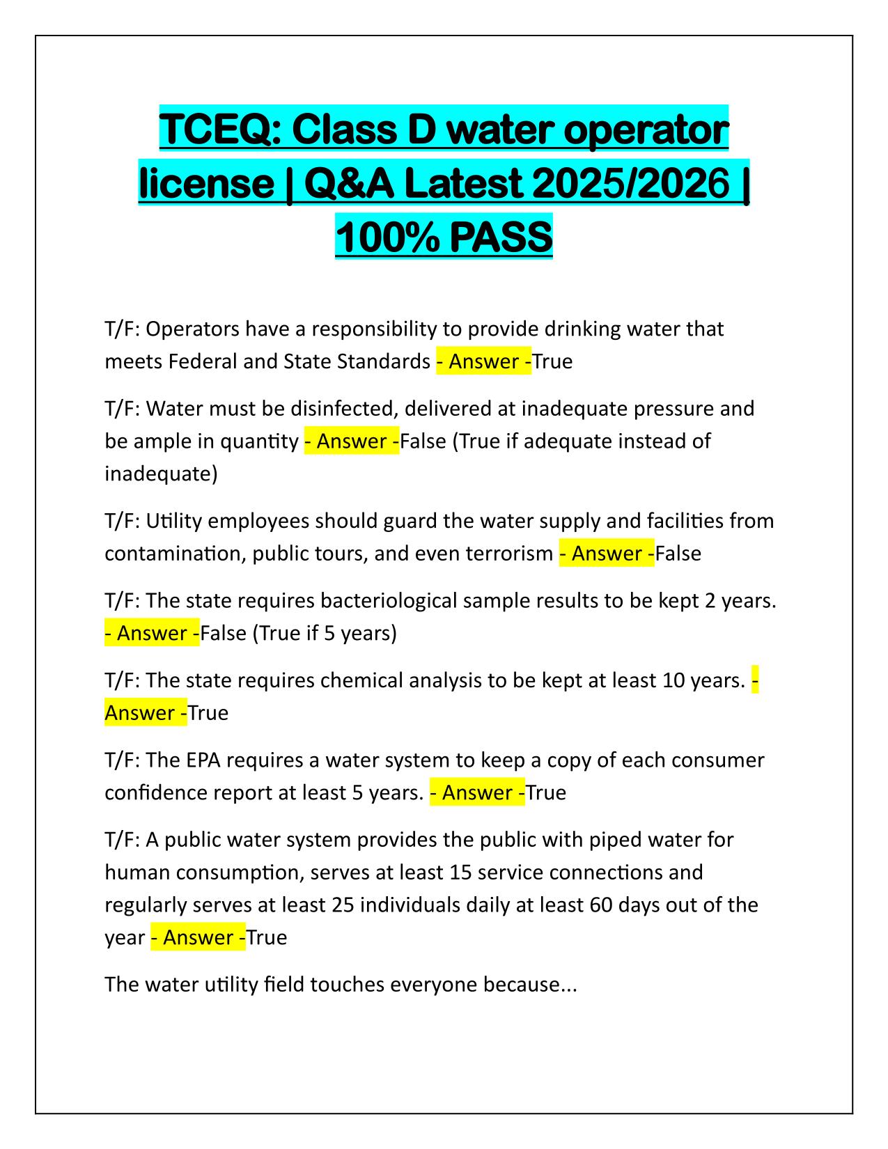 TCEQ Class D water operator license Exam Correctly Answered Latest Update 2025-2026