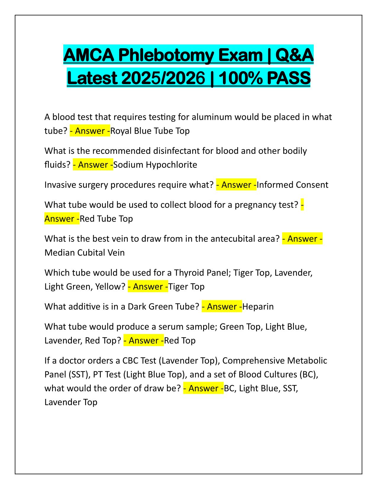 AMCA Phlebotomy Exam Correctly Answered Latest Update