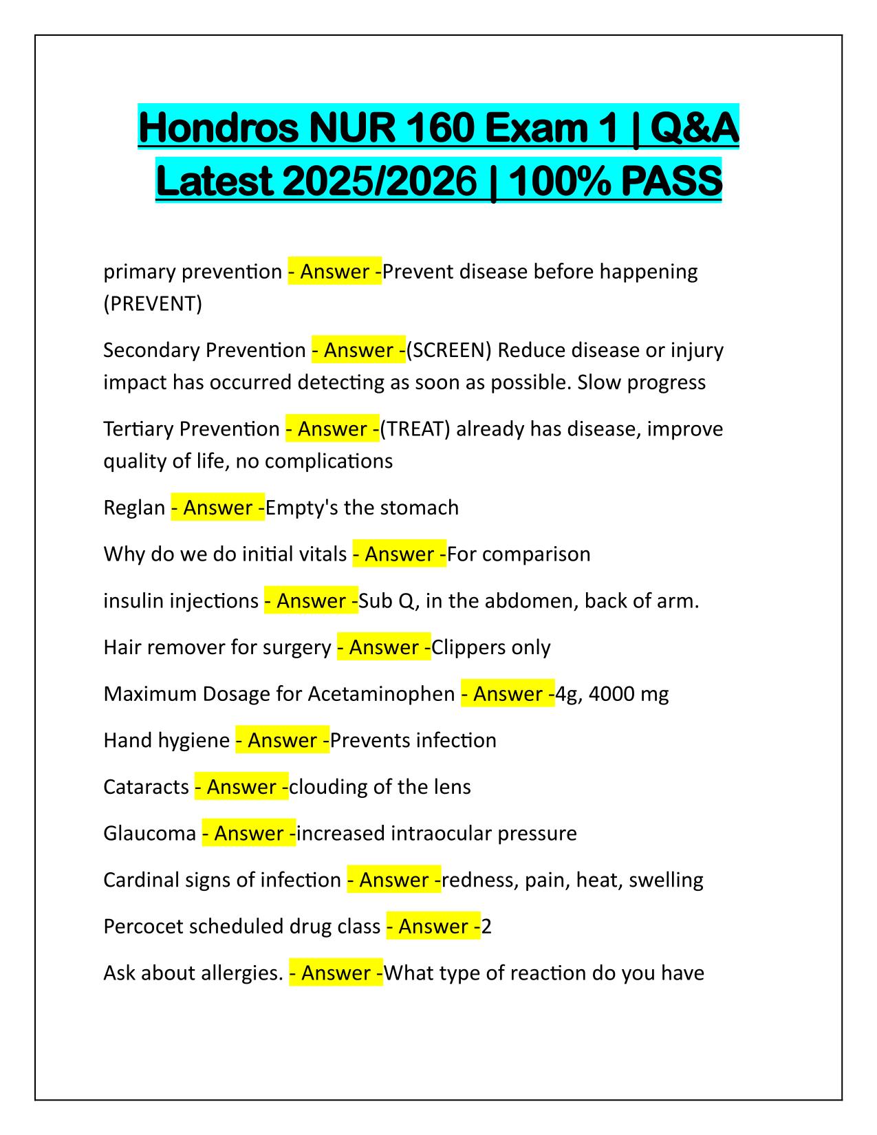 Hondros NUR 160 Exam 1 with Verified Answers Latest Update 2025-2026