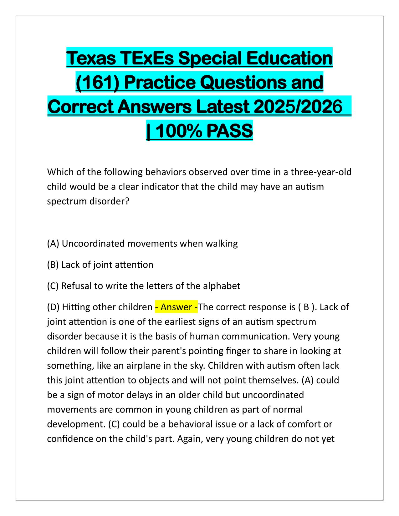 Texas TExEs Special Education (161) Practice Q&A Latest Update