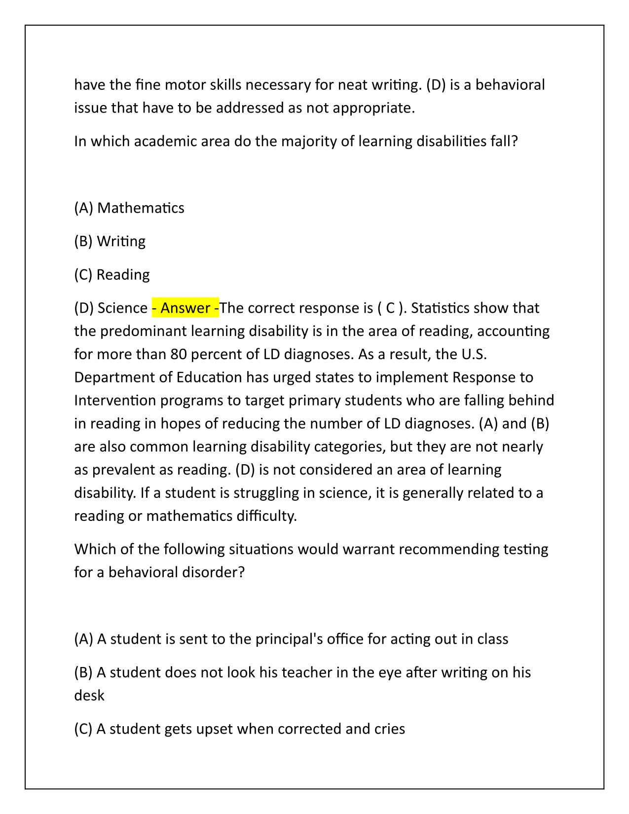 Texas TExEs Special Education (161) Practice Q&A Latest Update