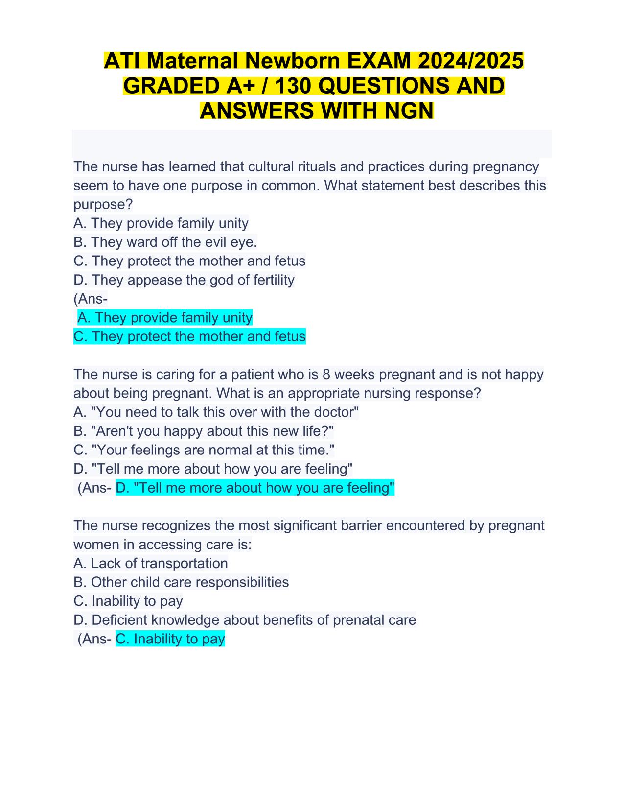 ATI Maternal Newborn Exam 2025/2026 Q&A Latest Update PDF Download