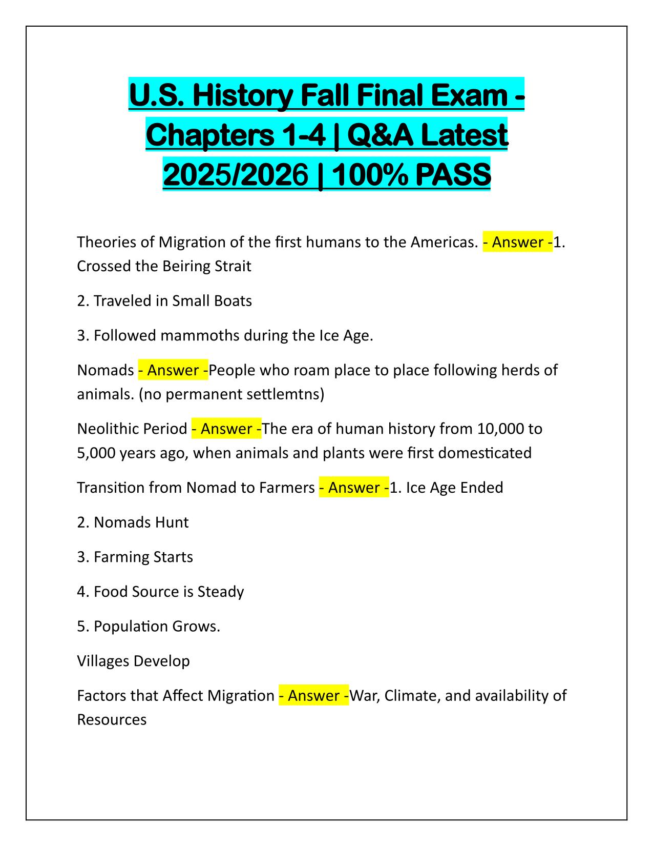 US History Fall Final Exam Chapters 1-4 Questions and Correct Answers 2025 Update
