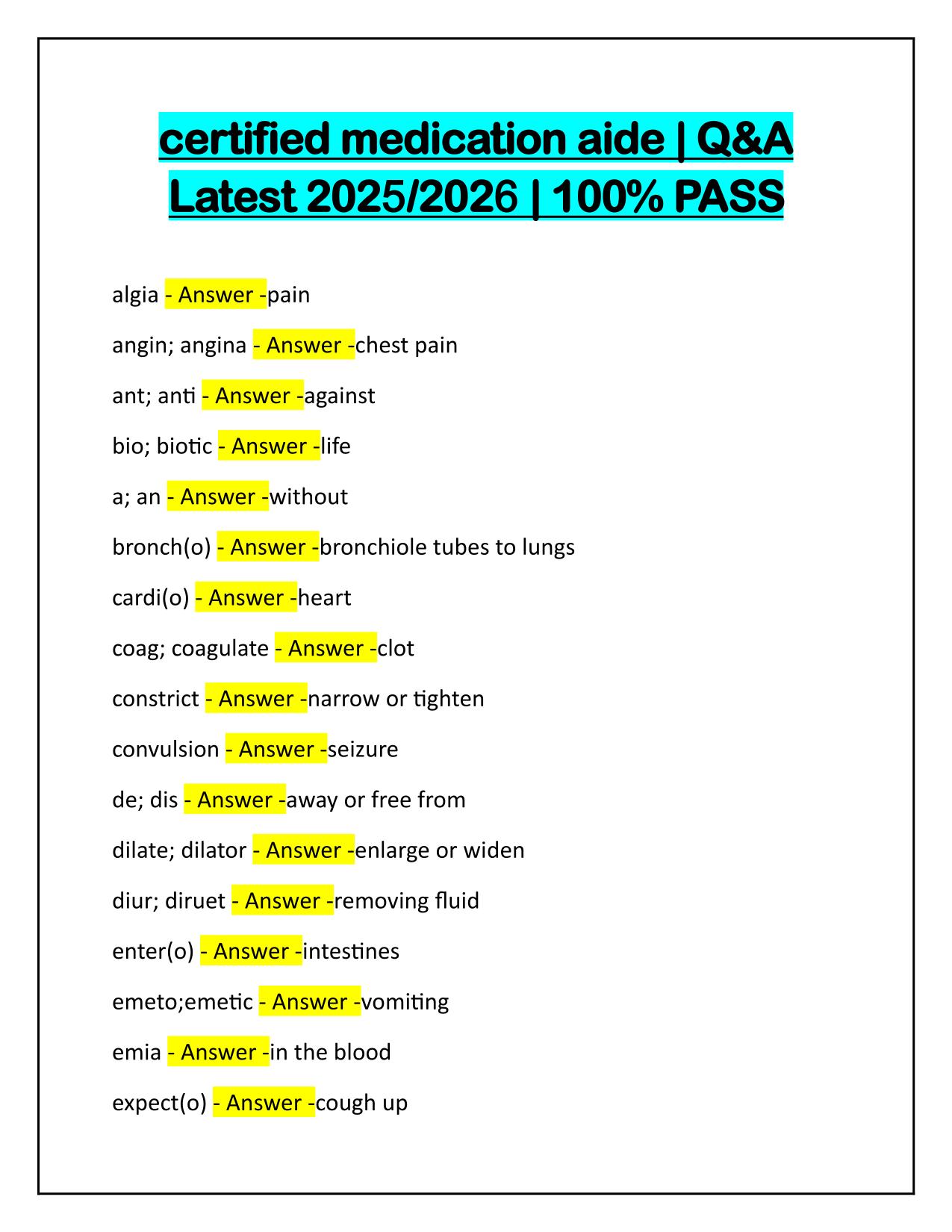 certified medication aide Exam Correctly Answered 2025 Updated