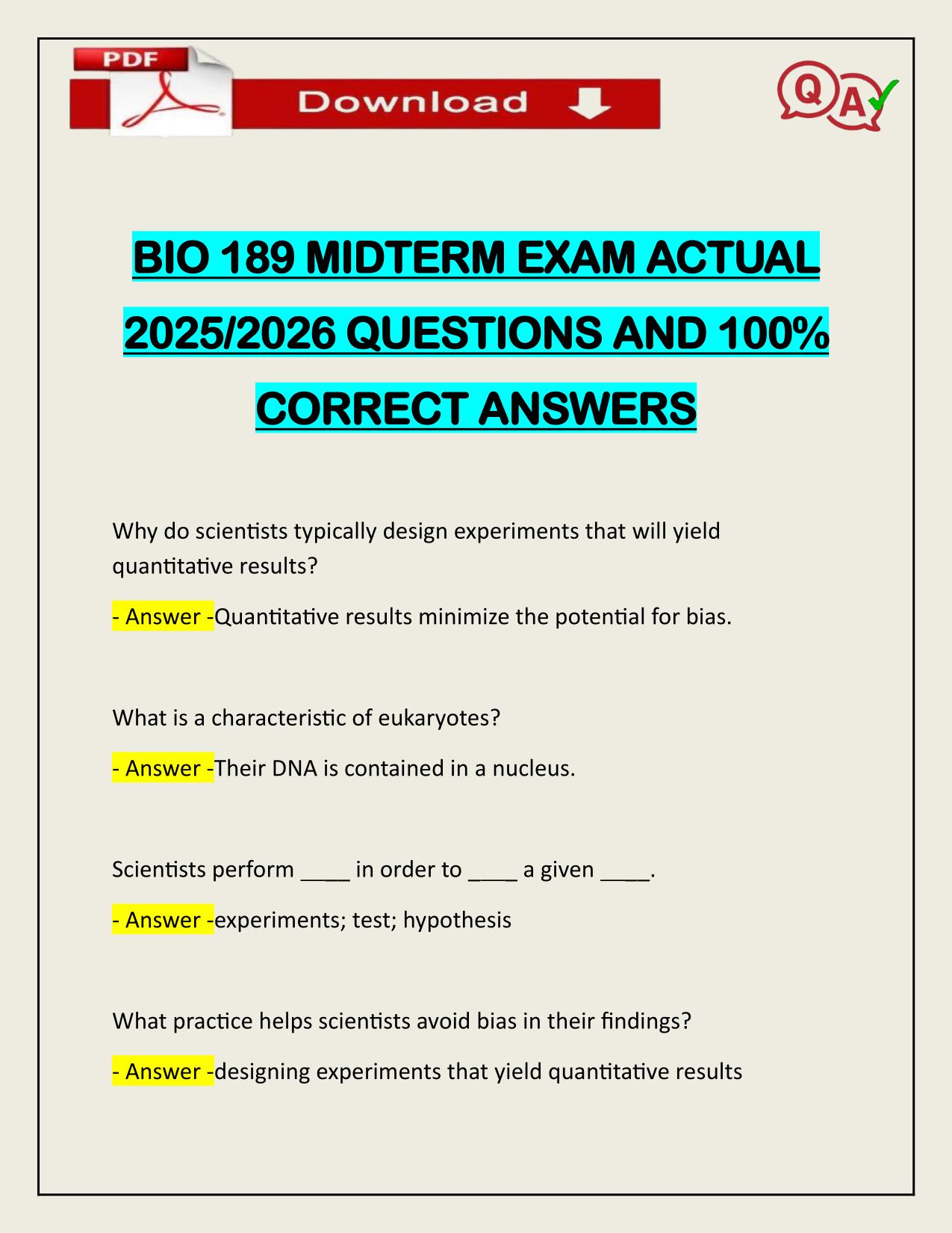 BIO 189 MIDTERM EXAM ACTUAL 2025/2026 CORRECTLY ANSWERED