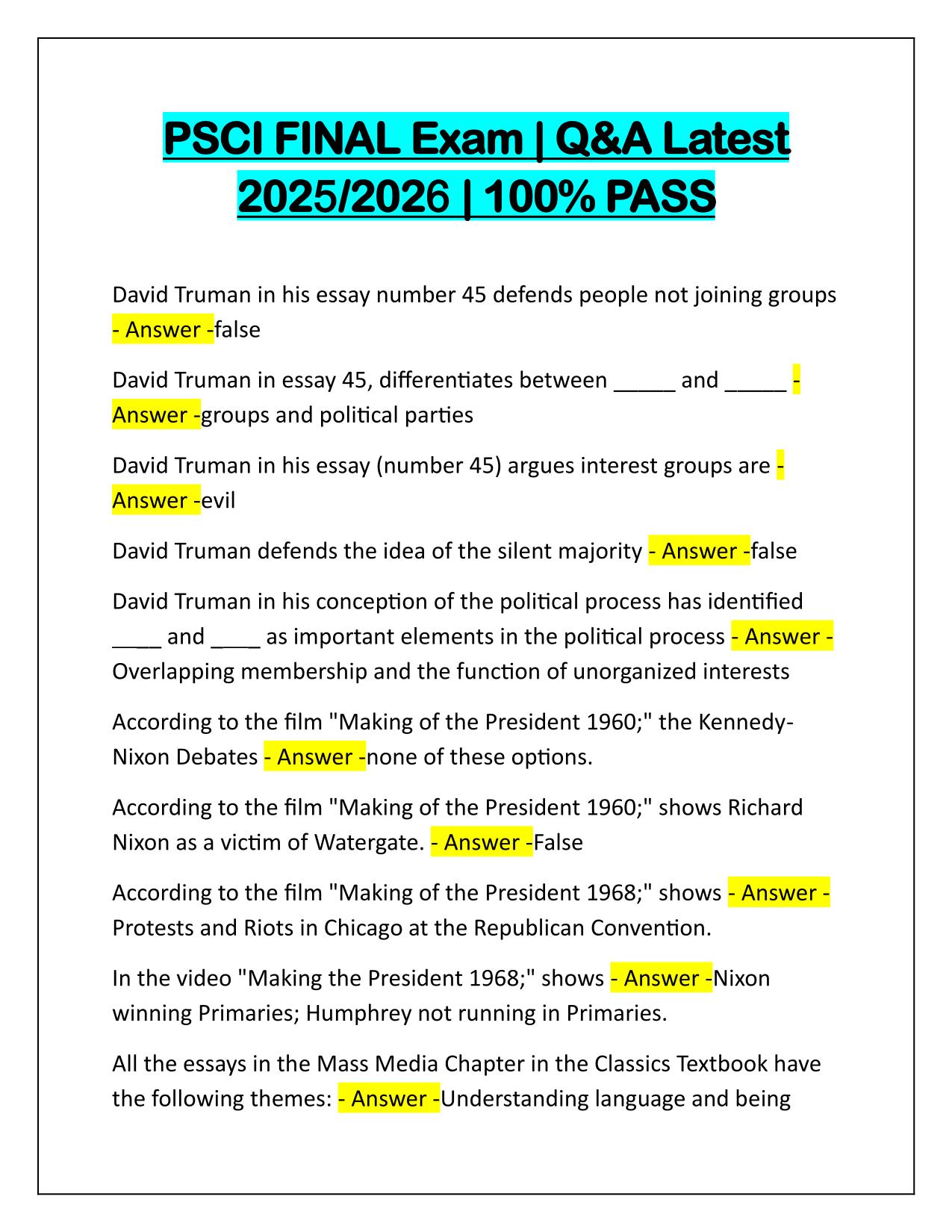 PSCI FINAL Exam Questions with Correct Answers Latest Update