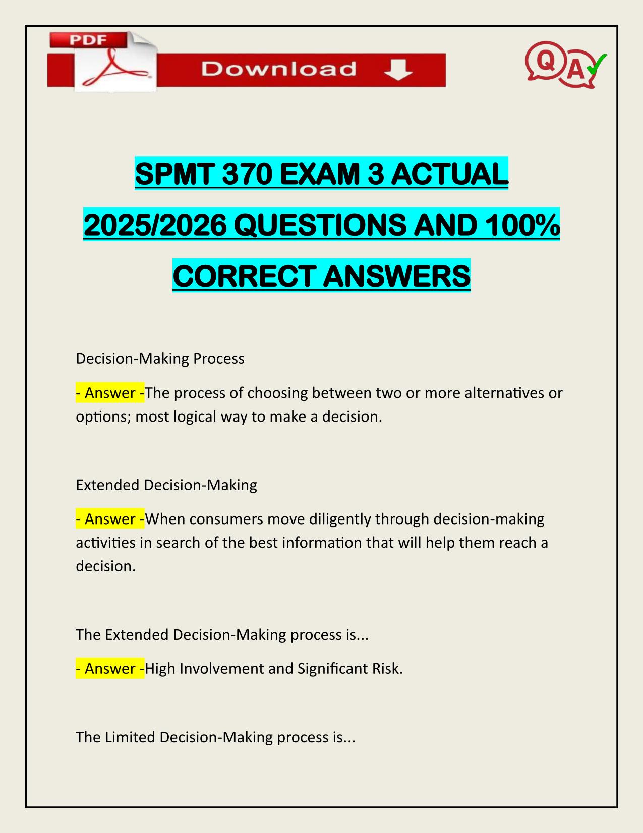SPMT 370 EXAM 3 ACTUAL 2025/2026 QUESTIONS AND 100% CORRECT ANSWERS