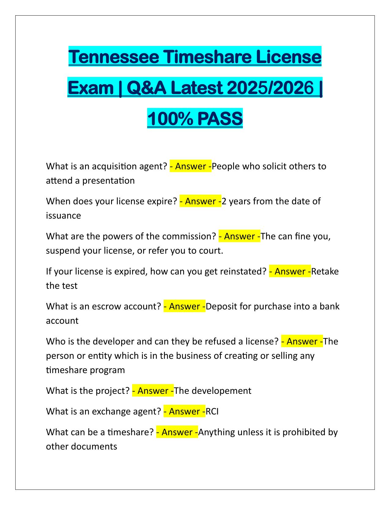 Tennessee Timeshare License Exam Questions and Answers