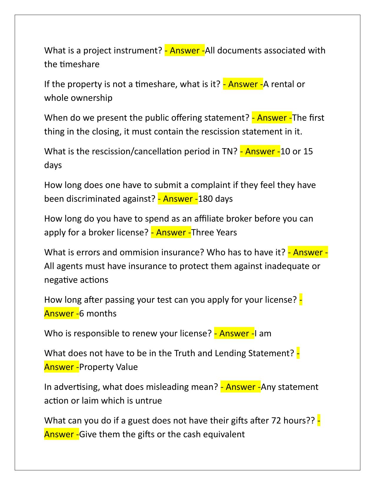 Tennessee Timeshare License Exam Questions and Answers