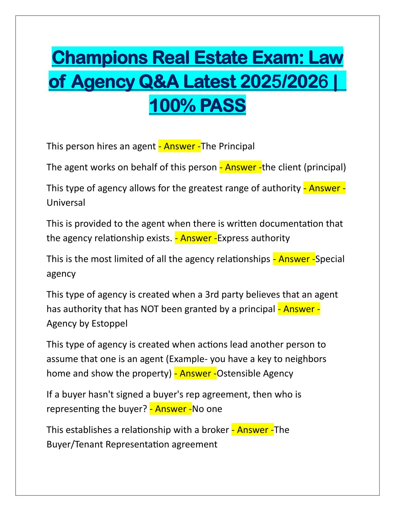 Champions Real Estate Exam Law of Agency Q&A Latest Update