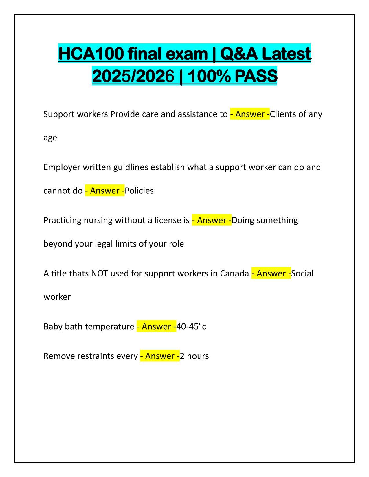 HCA100 final exam Questions and Correct Answers Latest