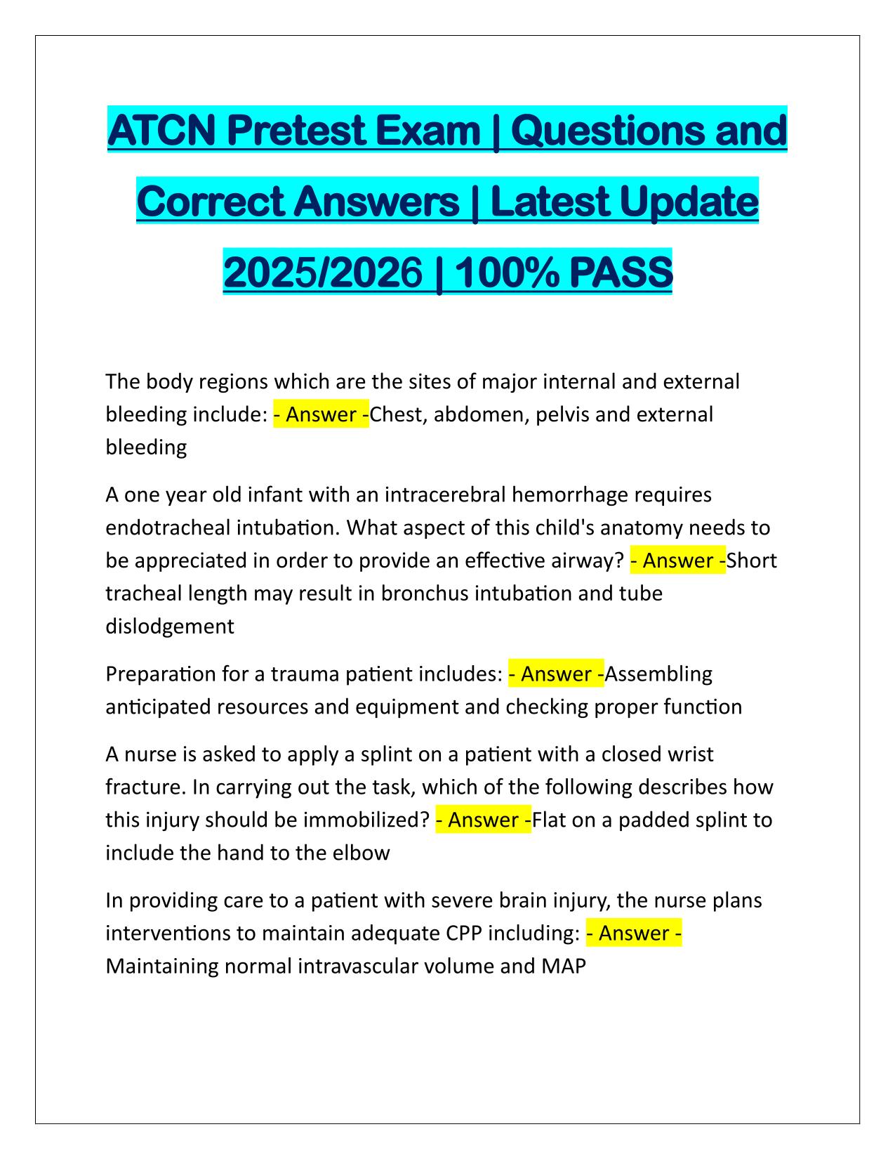 ATCN Pretest Exam Questions and Answers Latest