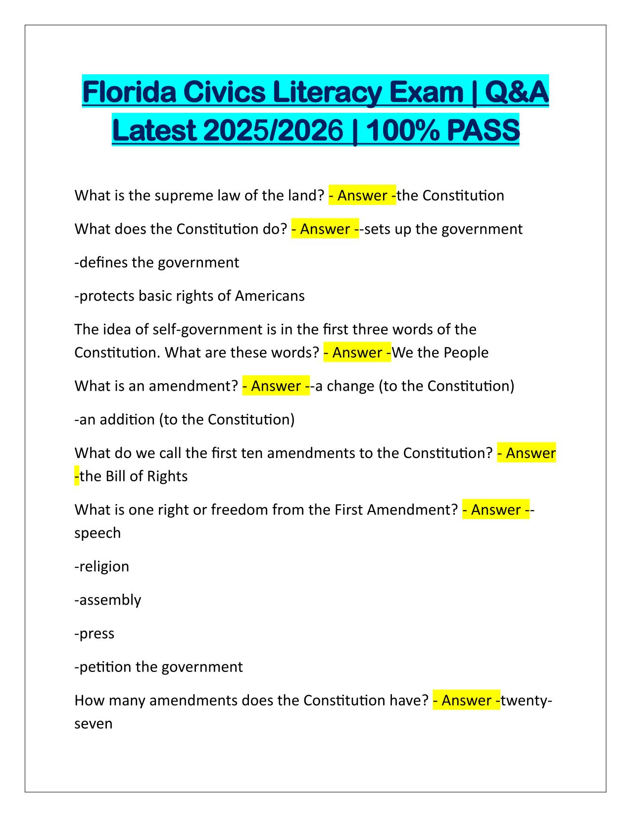 Florida Civics Literacy Exam Q&A Latest Update