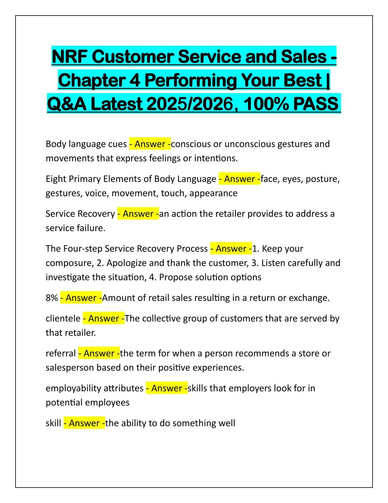 NRF Customer Service and Sales Chapter 4 Performing Your Best Q&A Latest Update