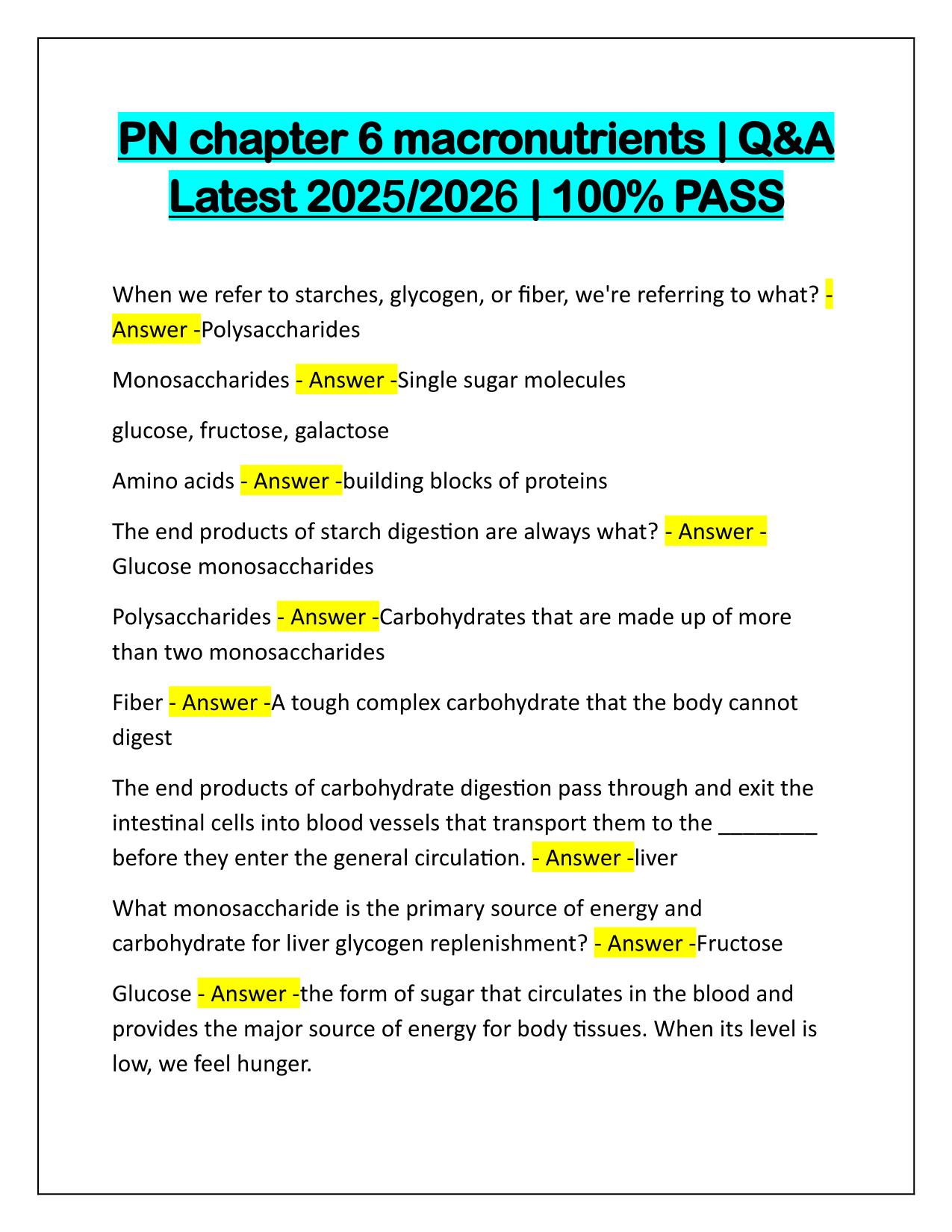 PN chapter 6 macronutrients Correctly Answered Latest 2025