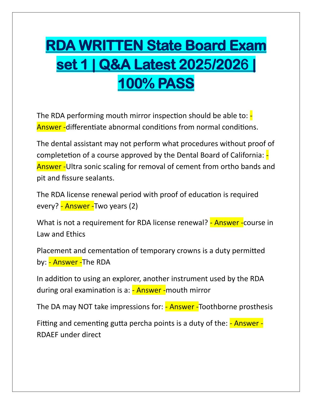 RDA WRITTEN State Board Exam set 1 Q&A Latest Update