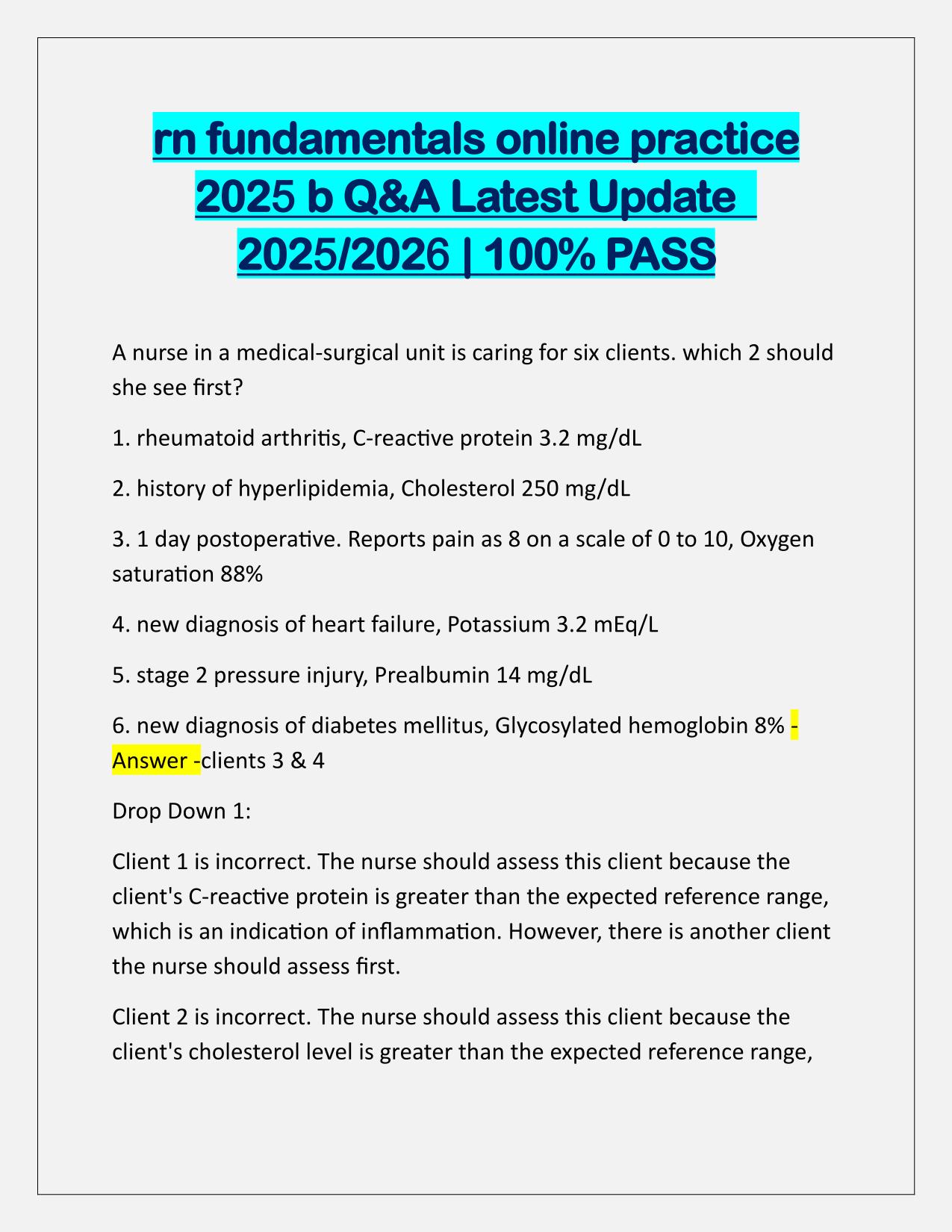 RN fundamentals online practice 2025 B Correctly Answered Latest