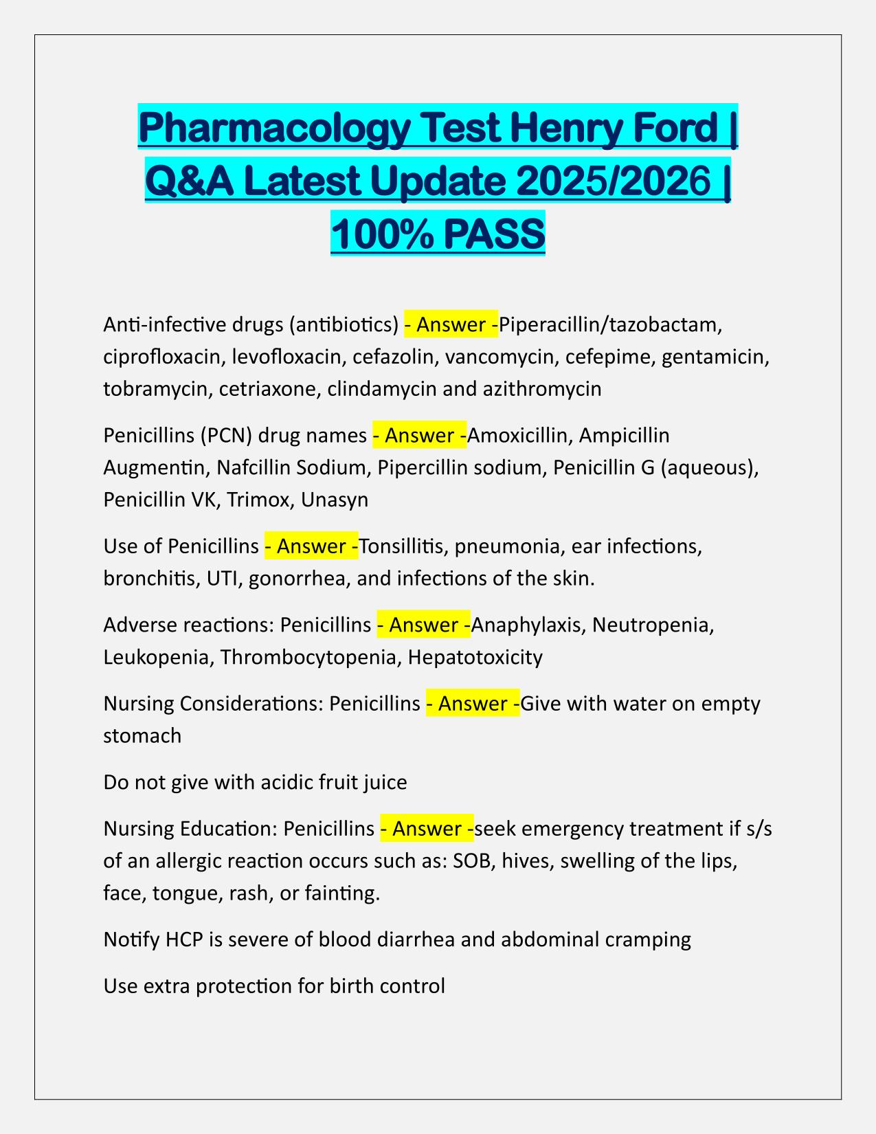 Pharmacology Test Henry Ford EXAM Q&A Latest Update