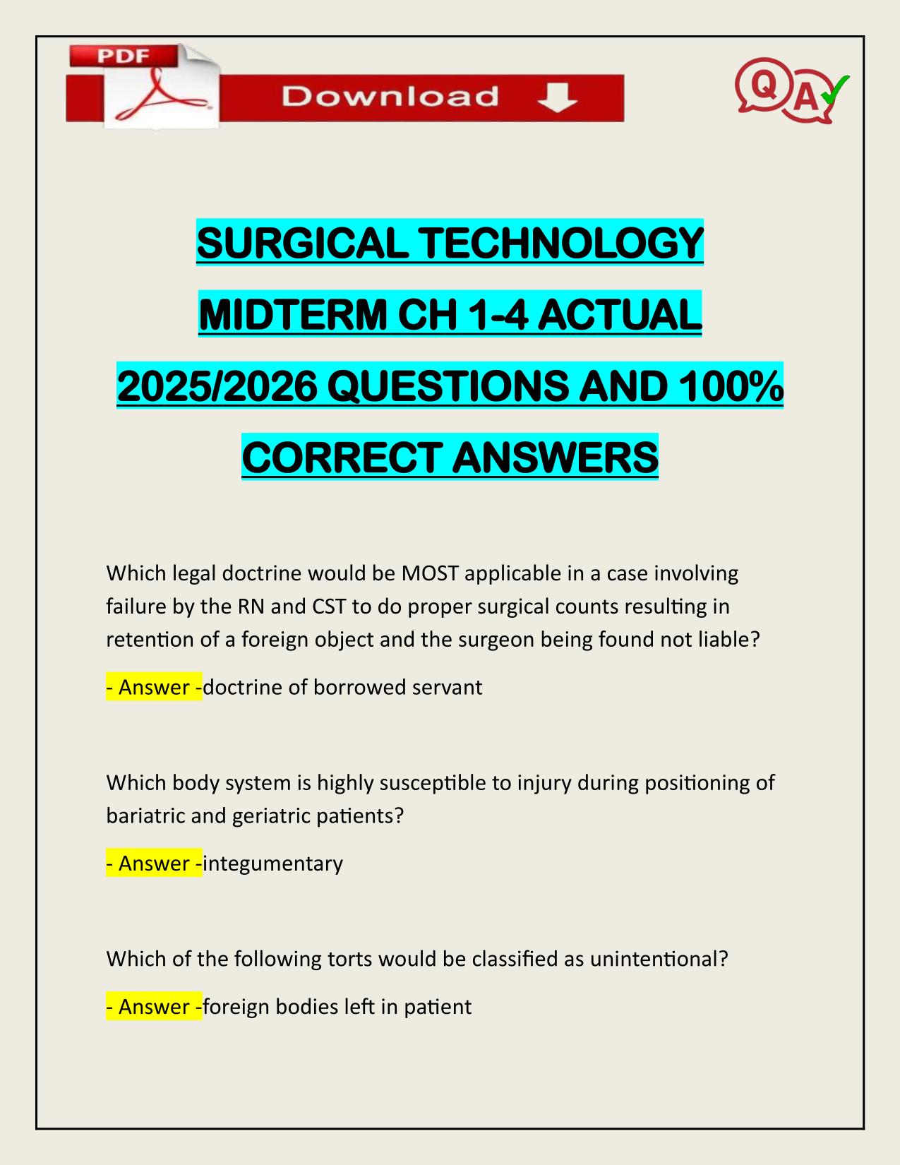 SURGICAL TECHNOLOGY MIDTERM CH 1-4 ACTUAL 2025/2026 UPDATE