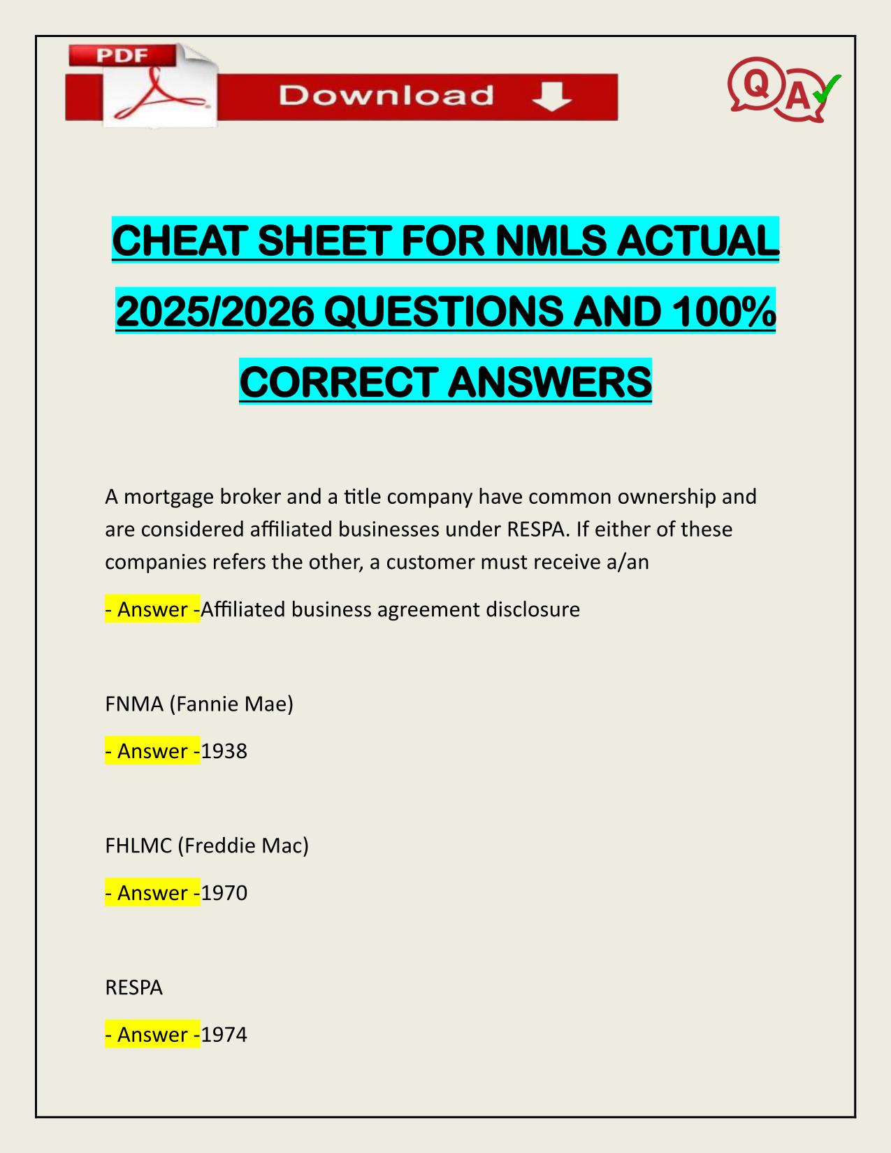 CHEAT SHEET FOR NMLS ACTUAL 2025/2026 QUESTIONS AND 100% CORRECT ANSWERS