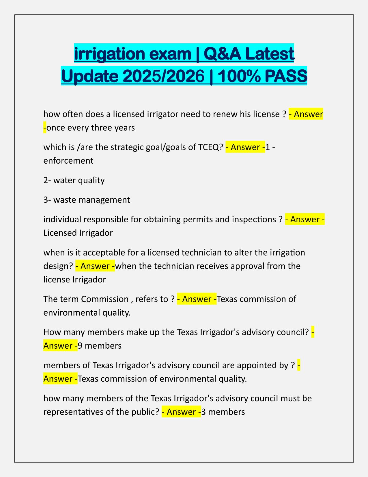Irrigation EXAM Q&A Latest Update