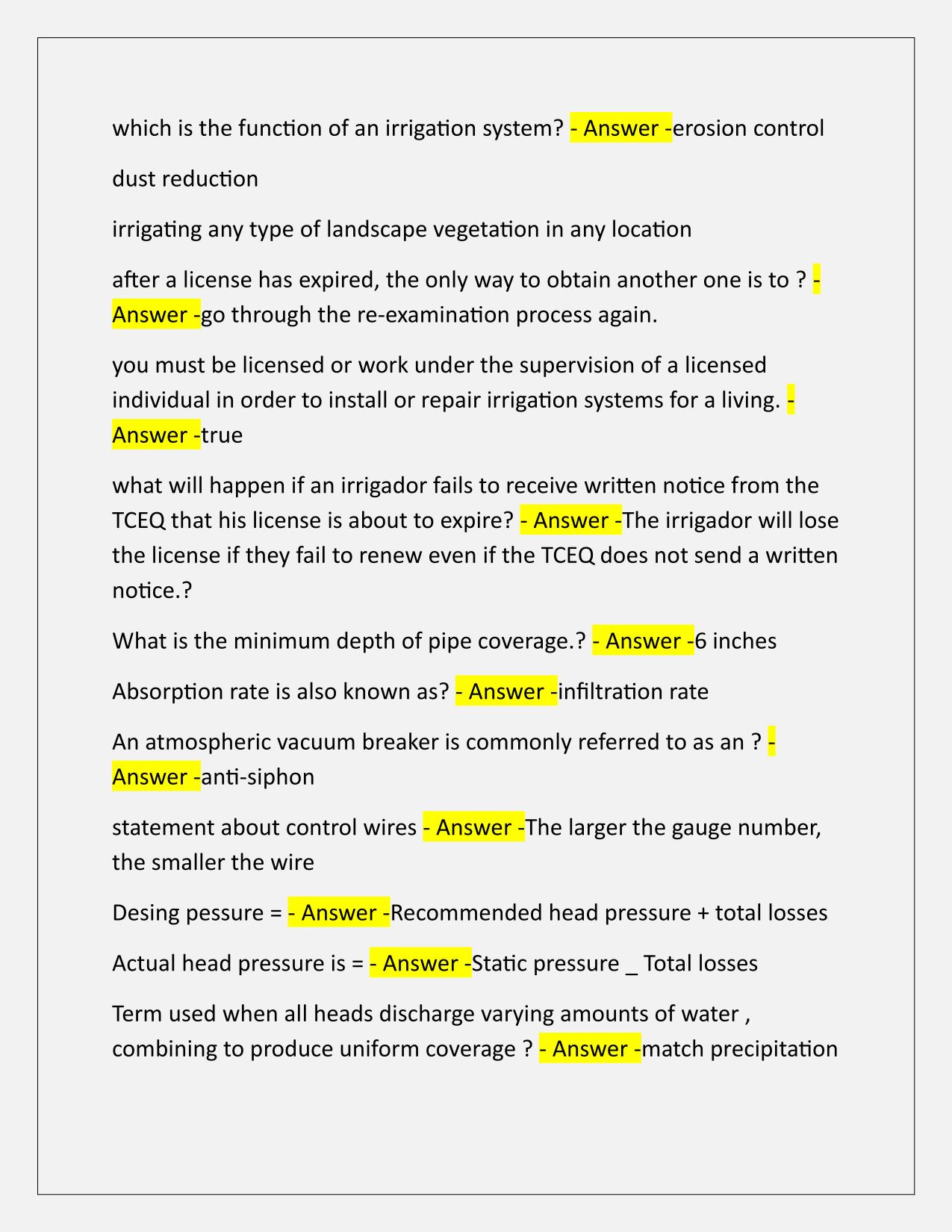 Irrigation EXAM Q&A Latest Update