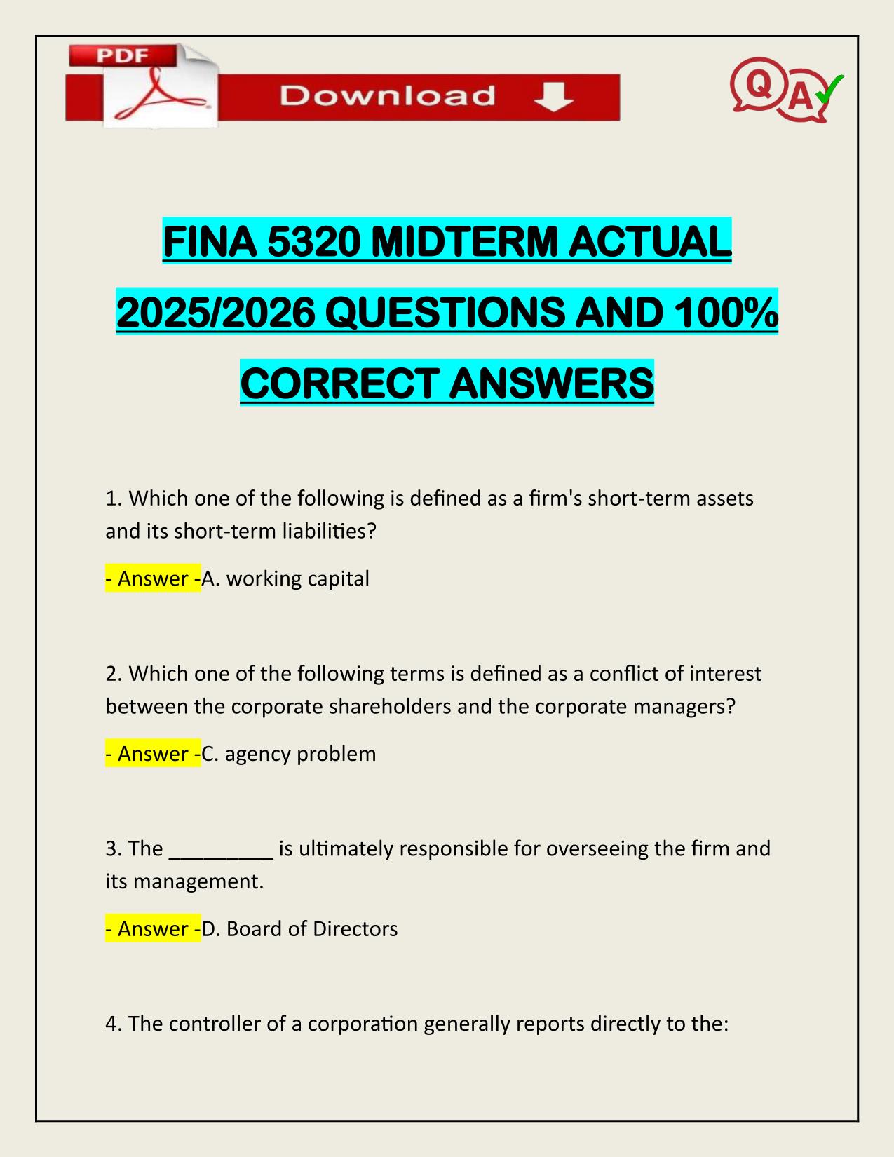 FINA 5320 MIDTERM ACTUAL 2025/2026 CORRECTLY ANSWERED