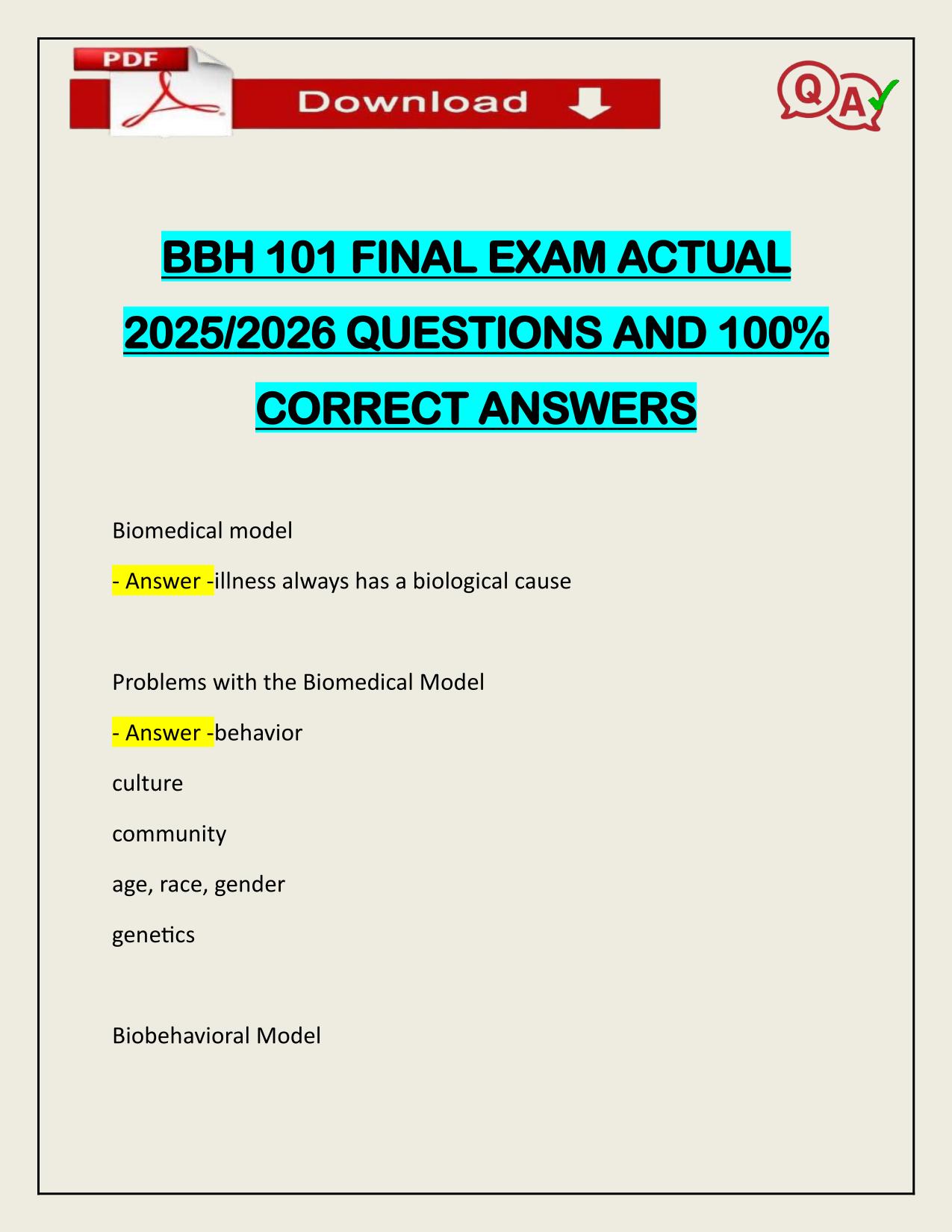 BBH 101 FINAL EXAM ACTUAL 2025/2026 WITH VERIFIED ANSWERS