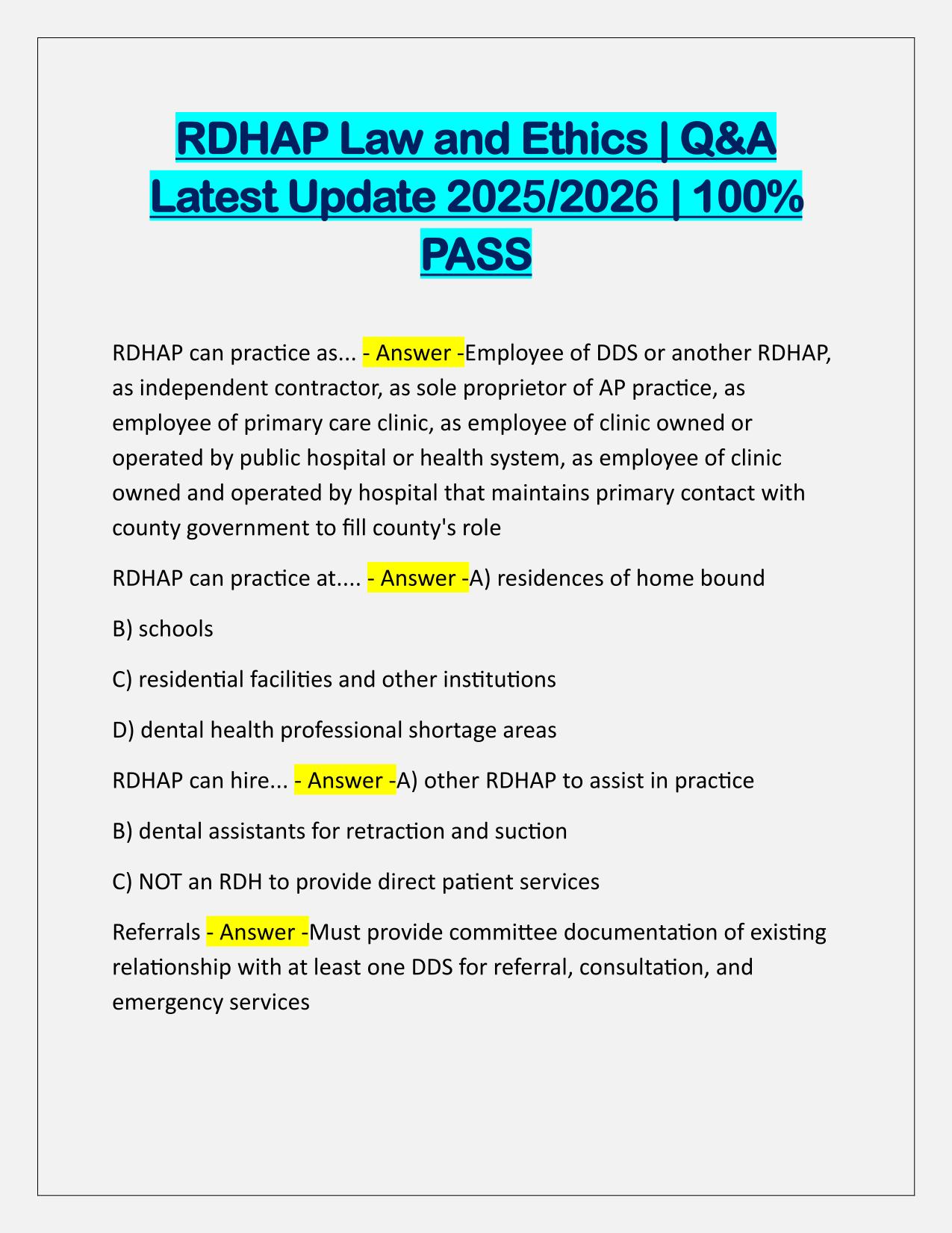 RDHAP Law and Ethics EXAM Correctly Answered Latest Update
