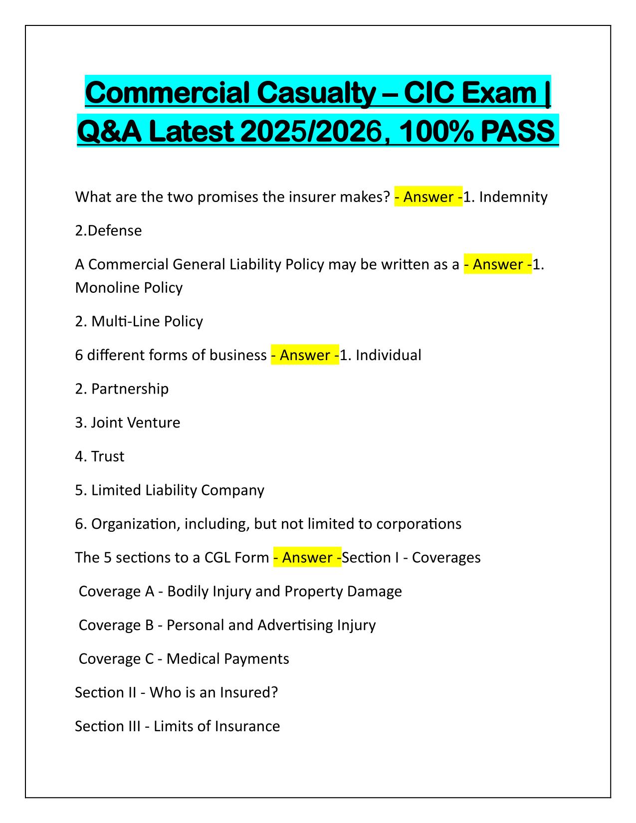 Commercial Casualty–CIC Exam Correctly Answered Latest Update