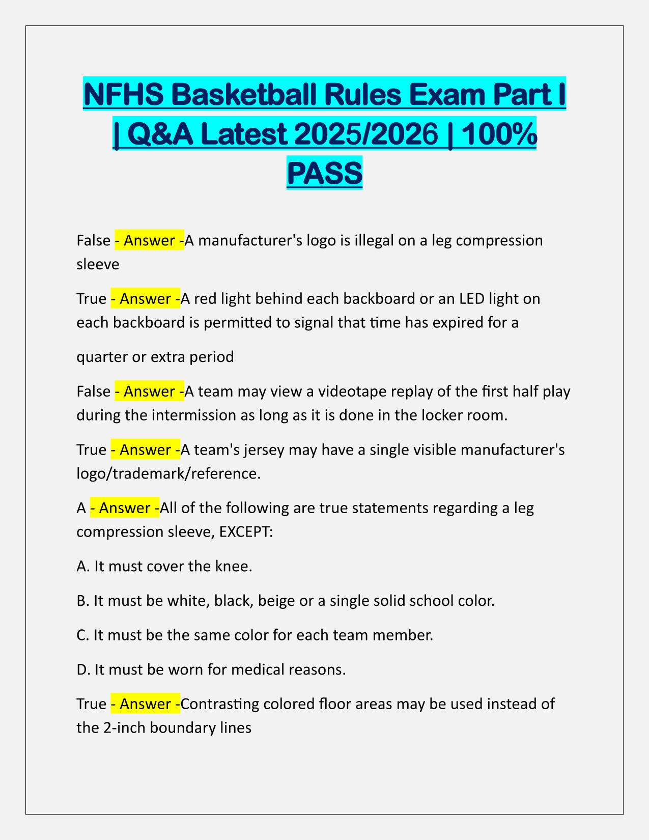 NFHS Basketball Rules Exam Part I Correctly Answered Latest Update