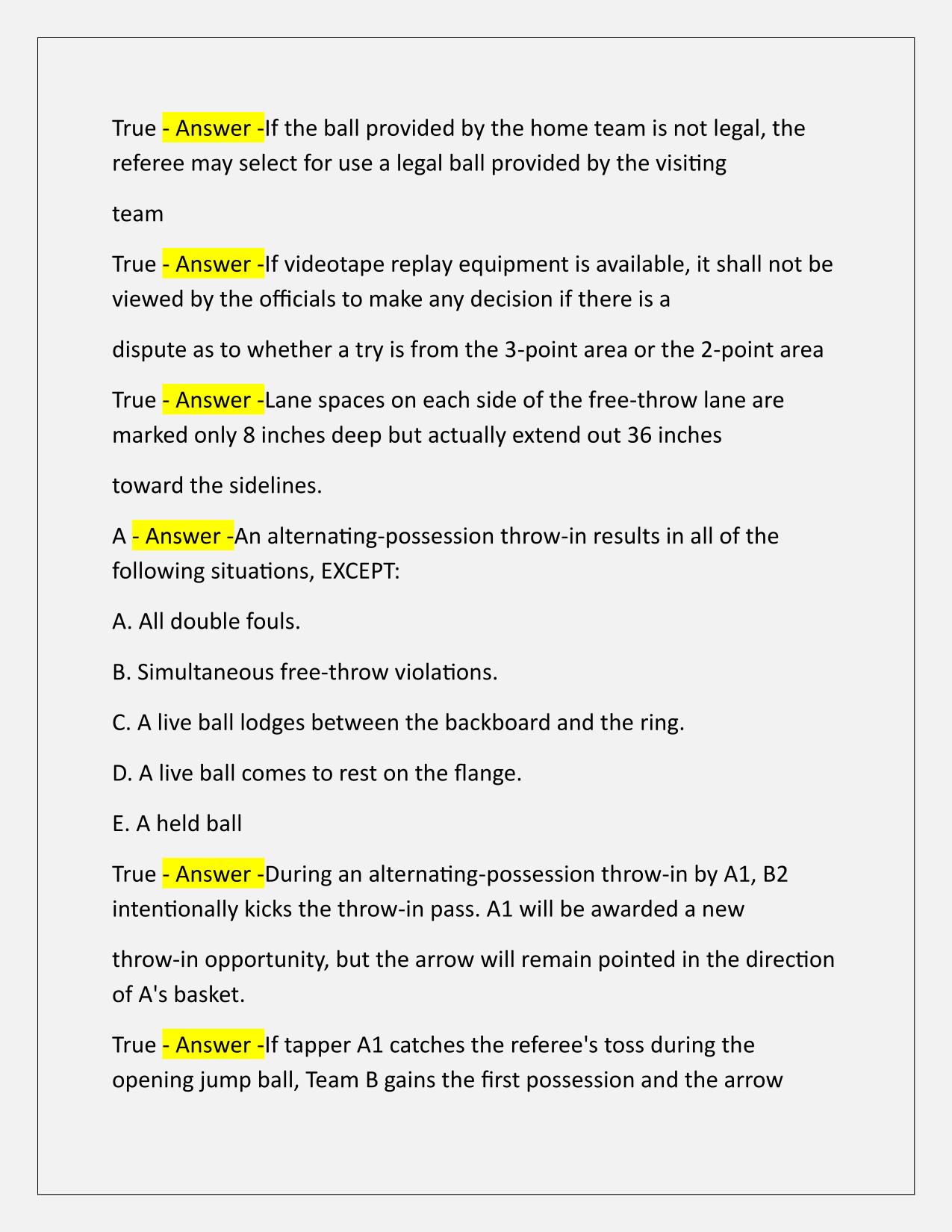 NFHS Basketball Rules Exam Part I Correctly Answered Latest Update