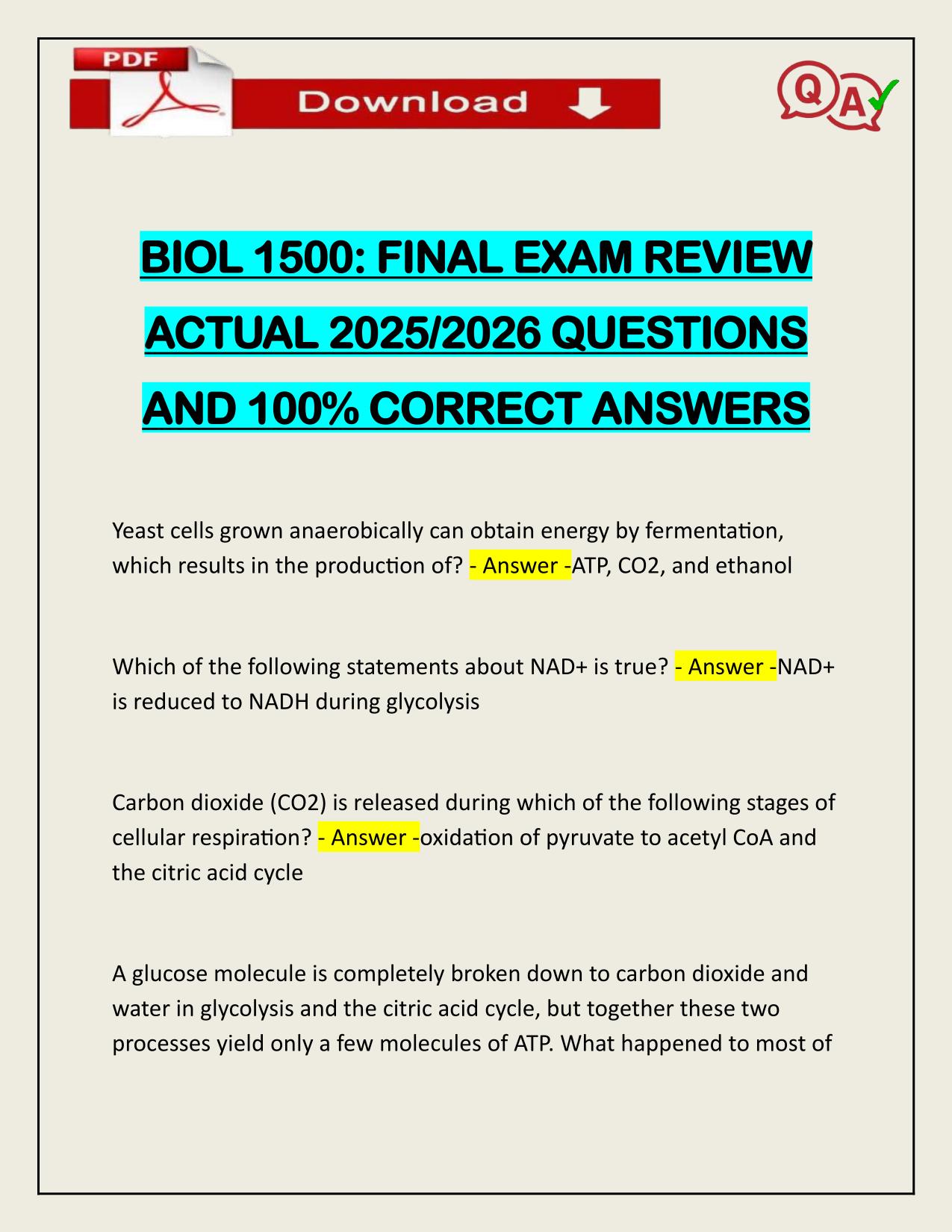 BIOL 1500 FINAL EXAM REVIEW ACTUAL 2025/2026 QUESTIONS AND ANSWERS