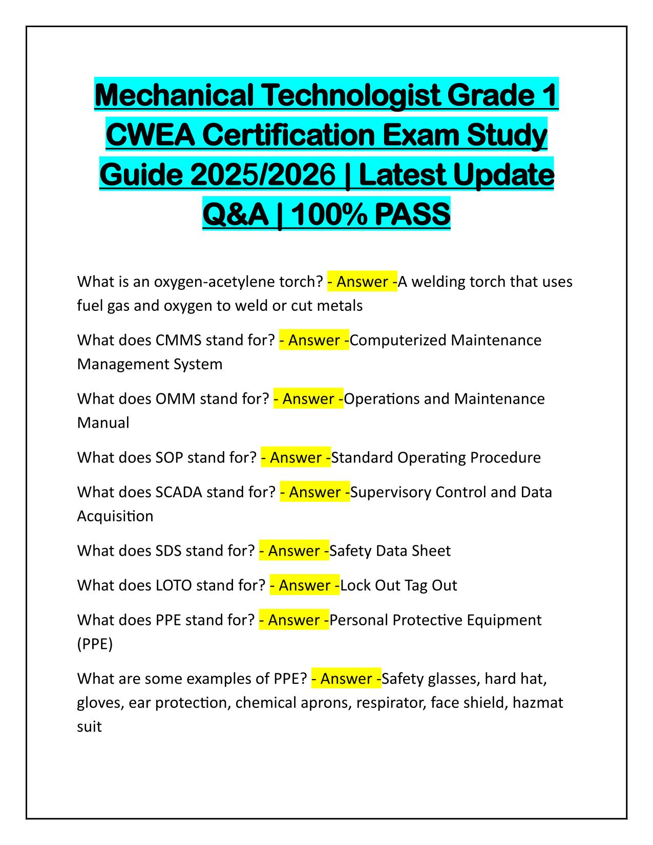 Mechanical Technologist Grade 1 CWEA Certification Exam Study Guide 2025 Q&A Latest Update