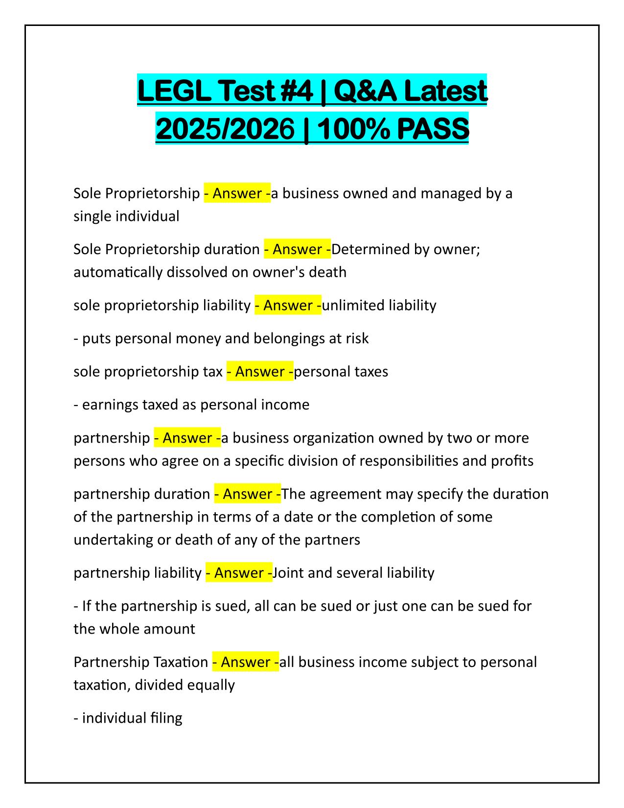 LEGL Test #4 Questions with Correct Answers Latest Update 2025