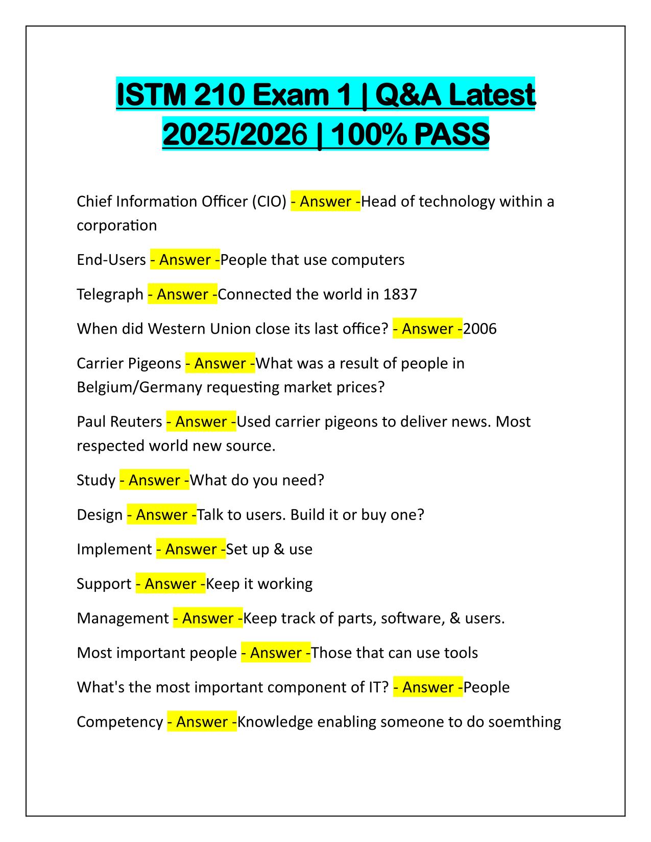 ISTM 210 Exam 1 Questions and Correct Answers Latest Update