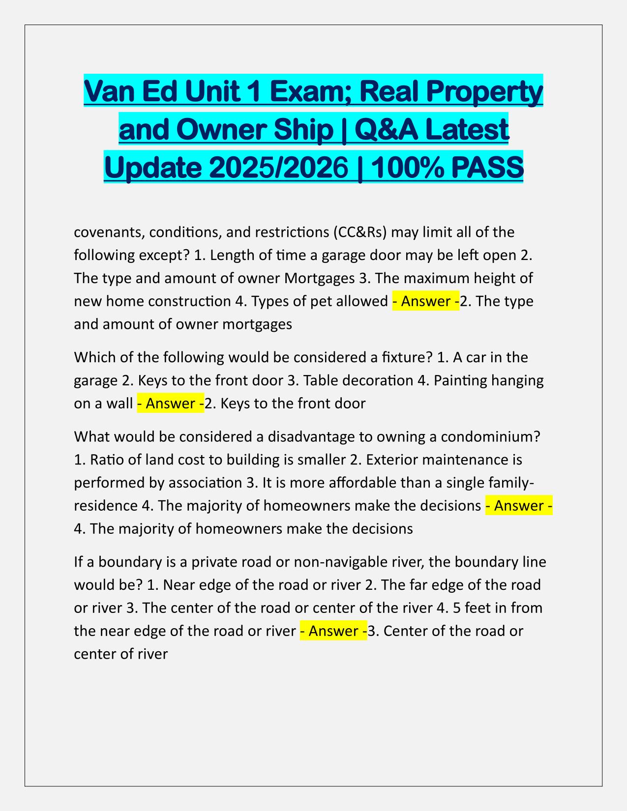 Van Ed Unit 1 Exam, Real Property and Owner Ship Q&A Latest