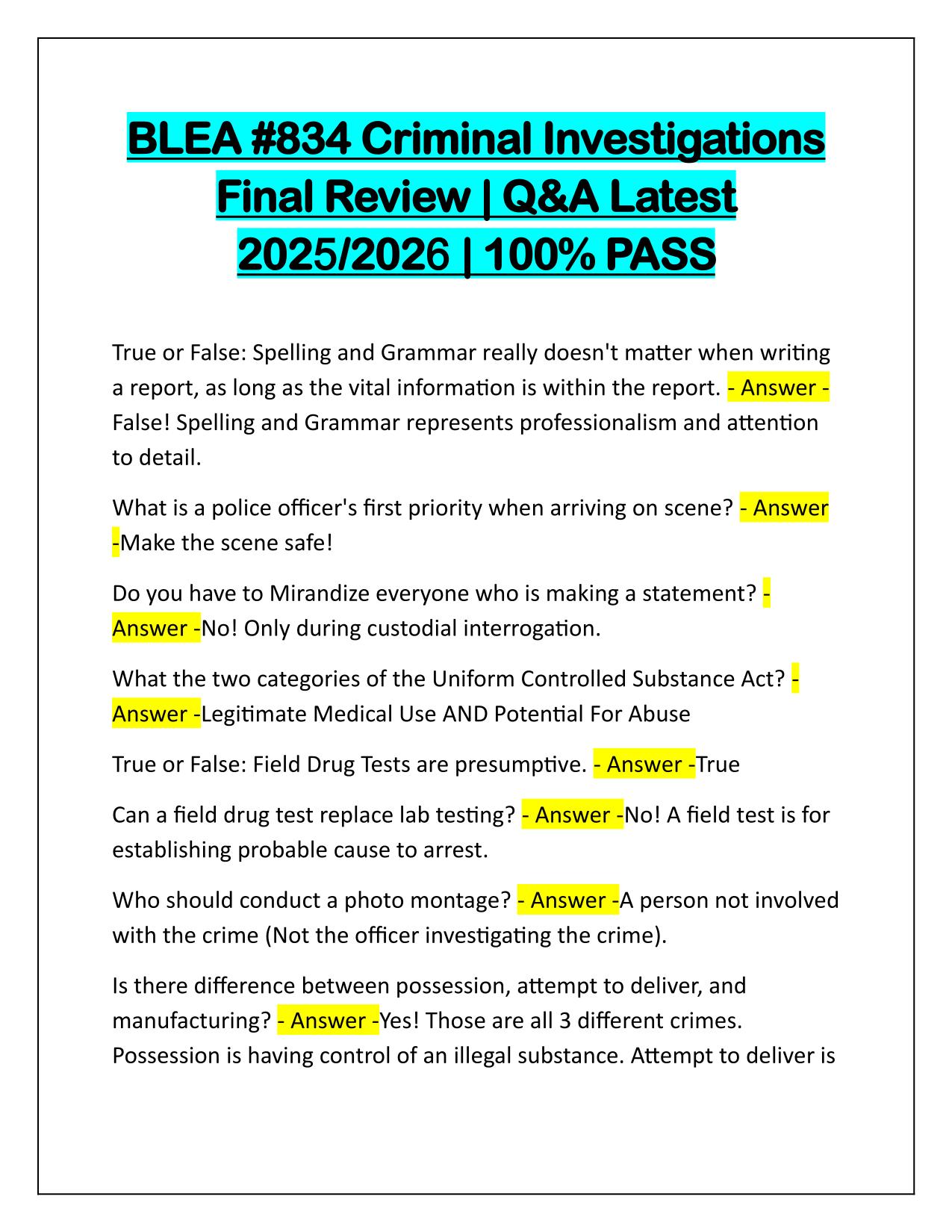 BLEA #834 Criminal Investigations Final Review Q&A Latest Update