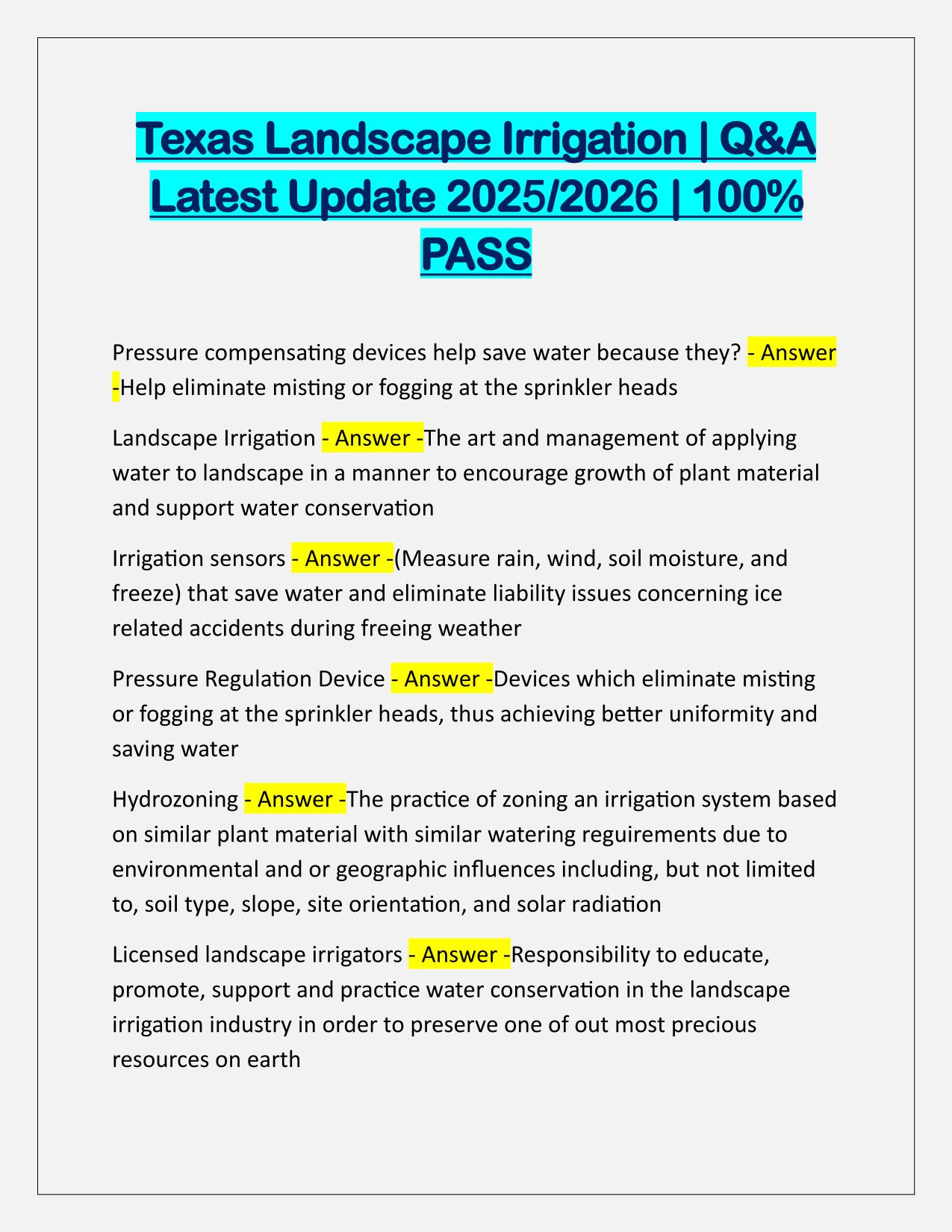Texas Landscape Irrigation EXAM Q&A Latest Update