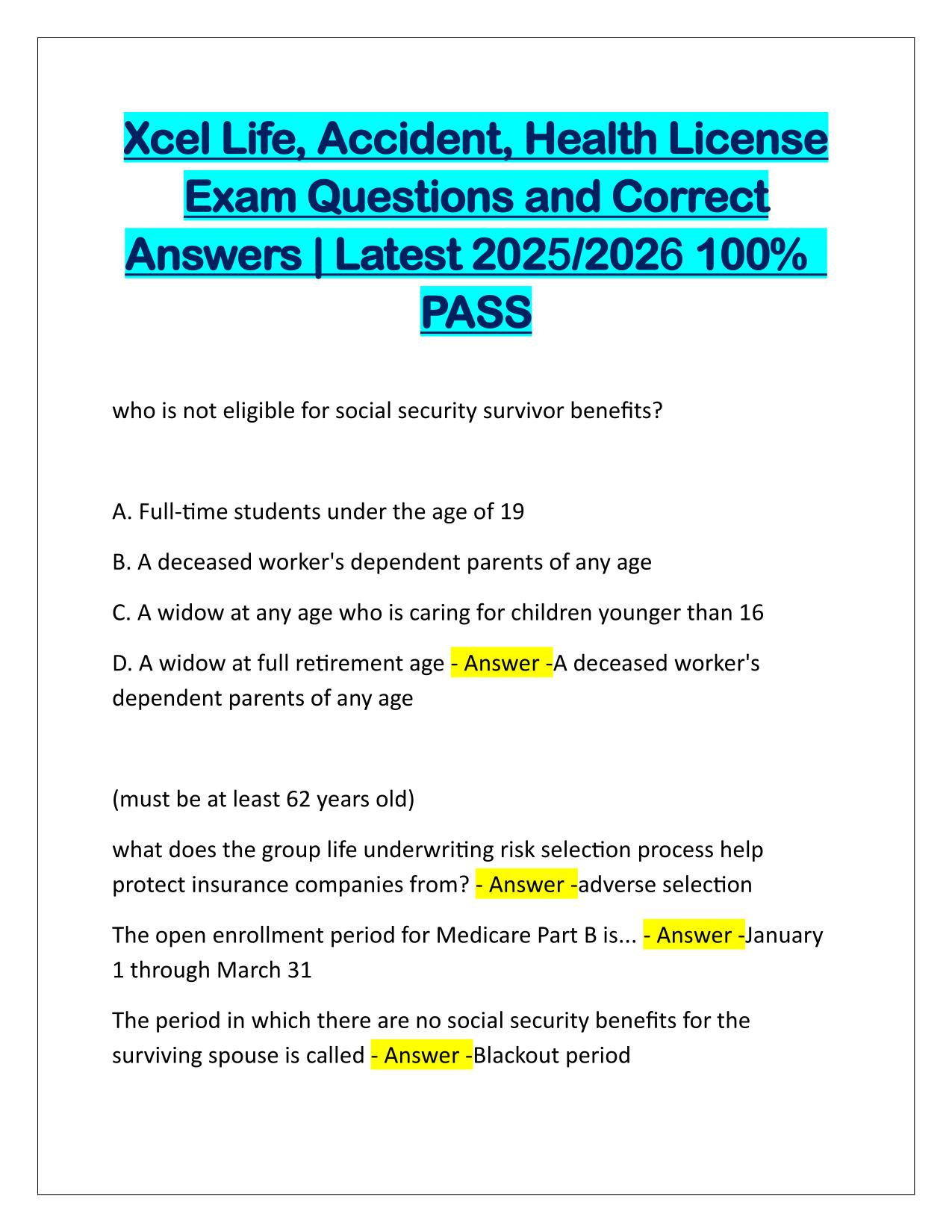 Xcel Life Accident Health License Exam Q&A Latest Update