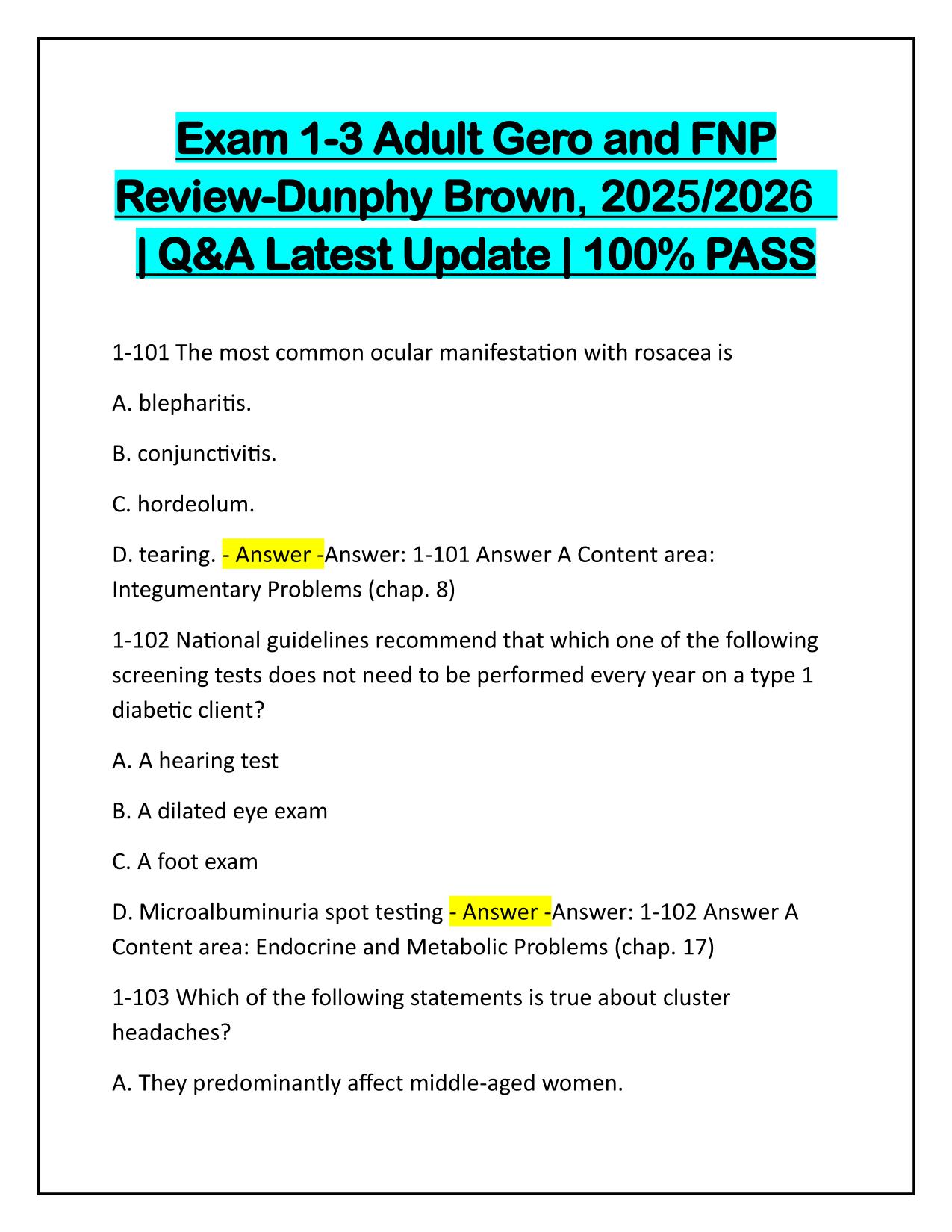 Exam 1-3 Adult Gero and FNP Review-Dunphy Brown Q&A Latest Update