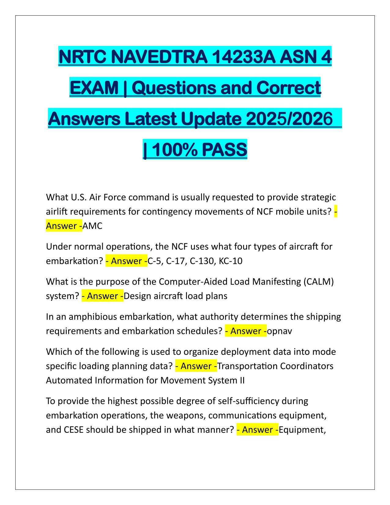 NRTC NAVEDTRA 14233A ASN 4 EXAM Correctly Answered