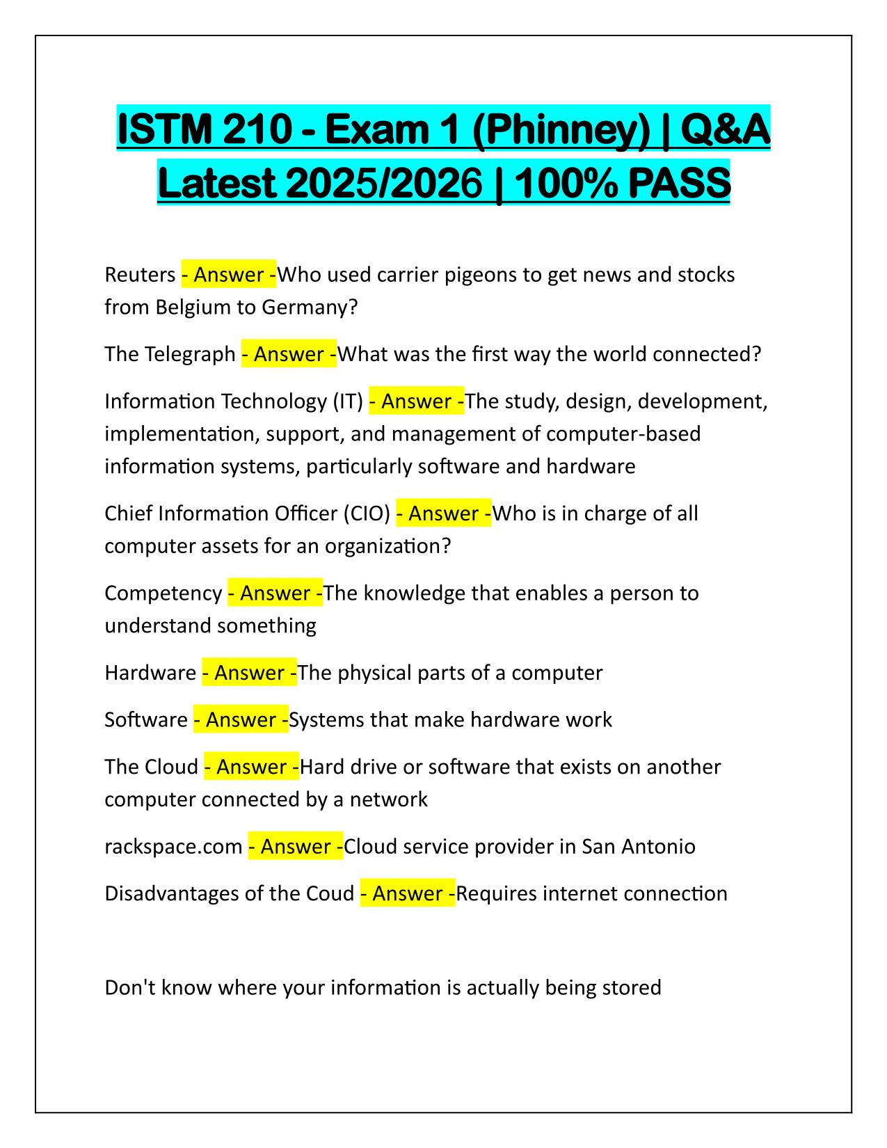 ISTM 210-Exam 1 (Phinney) Questions n Correct Answers