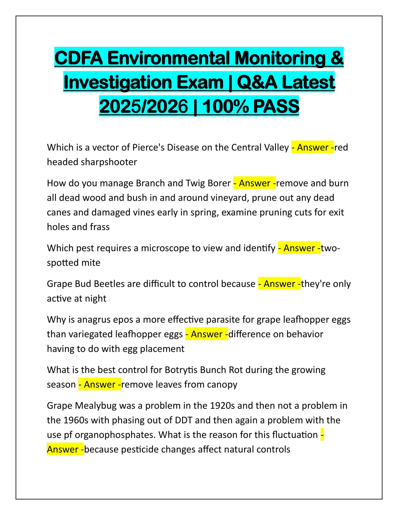 CDFA Environmental Monitoring & Investigation Exam Q&A Latest Update