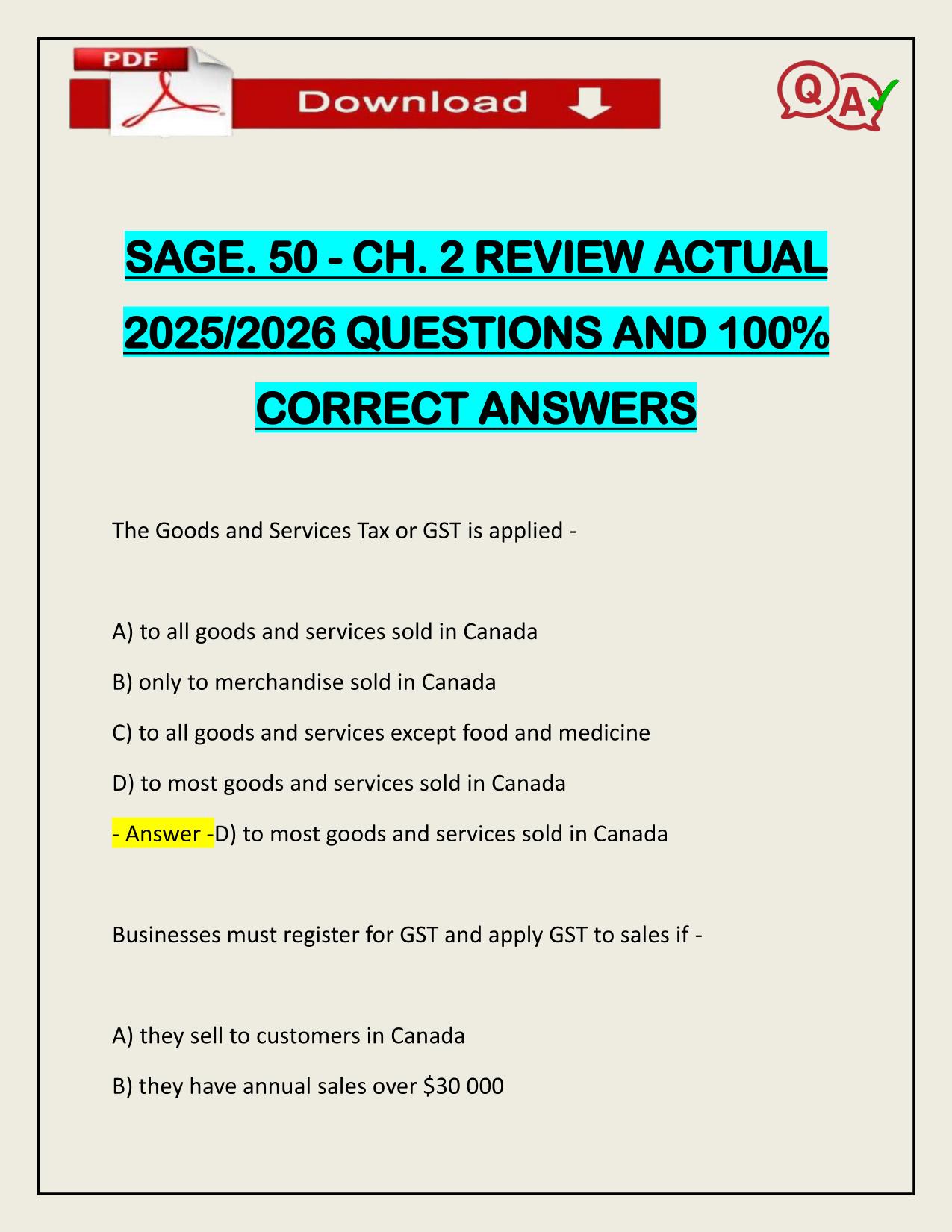SAGE. 50 - CH. 2 REVIEW ACTUAL 2025/2026 LATEST UPDATE