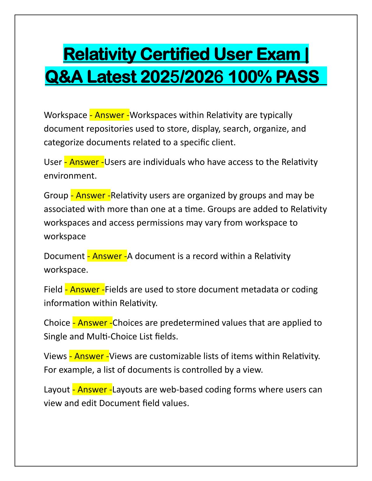 Relativity Certified User Exam Q&A Latest Update 2025