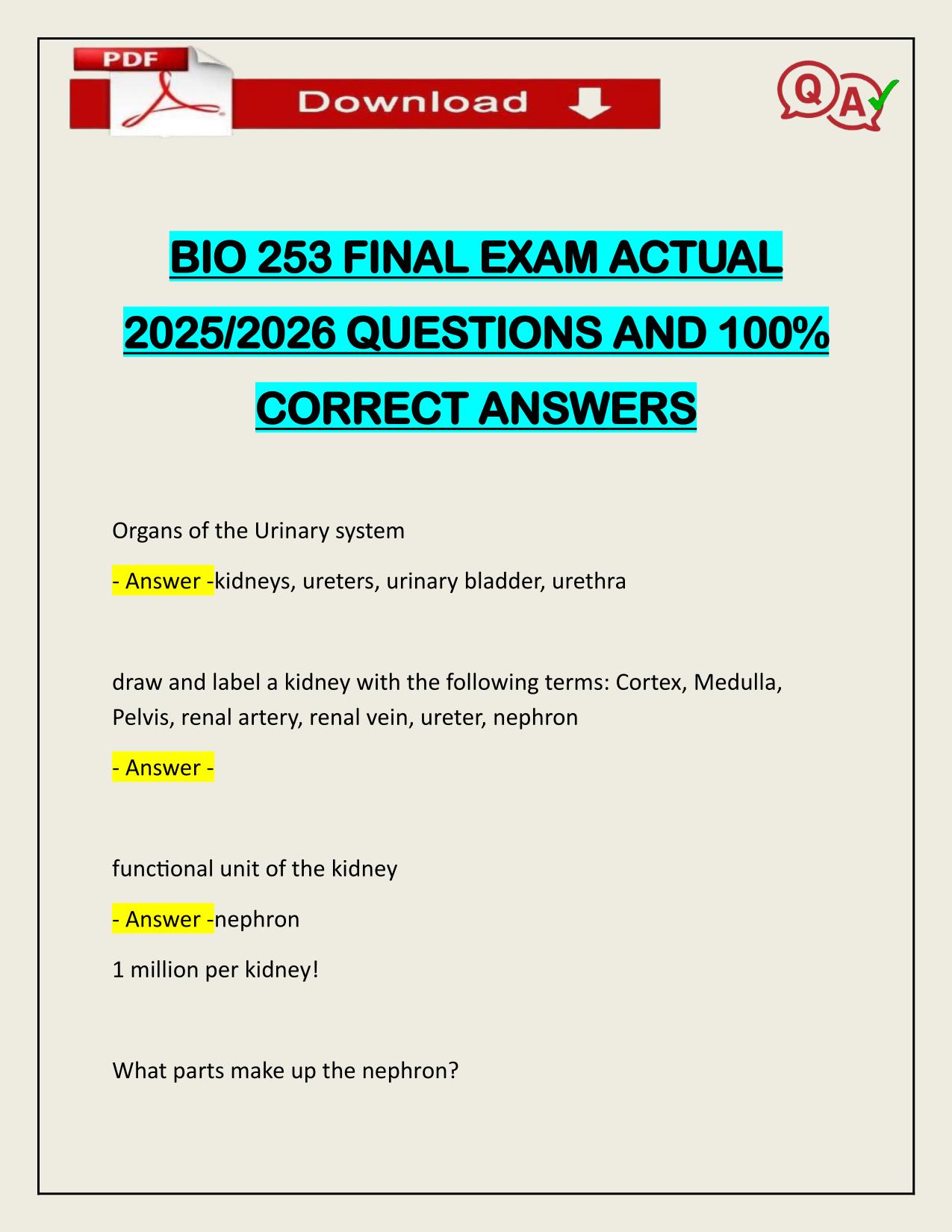 BIO 253 FINAL EXAM ACTUAL 2025/2026 CORRECTLY ANSWERED