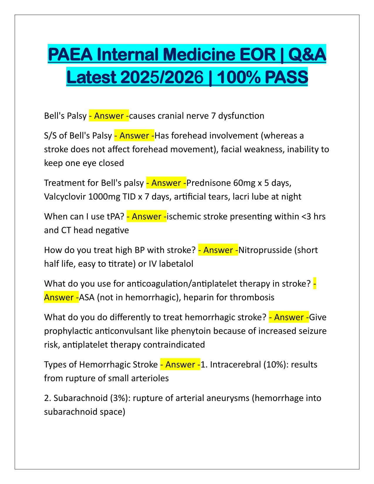 PAEA Internal Medicine EOR EXAM Q&A Latest Update