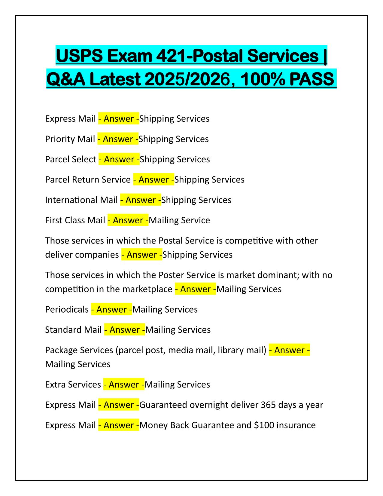 USPS Exam 421-Postal Services Q&A Latest Update
