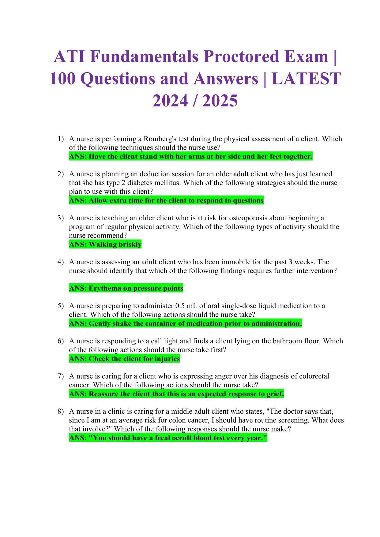 ATI Fundamentals Proctored Exam | 100 Questions and Answers | LATEST 2025/2026 